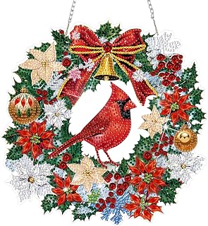 Christmas Hanging Diamond Painting, Cardinal Special Shape Diamond Art for Adults, Winter Christmas Wreath DIY Gem Art, Acrylic Home Garden Decor Wall Art with Chain, Box Kit 9.33x9.32In