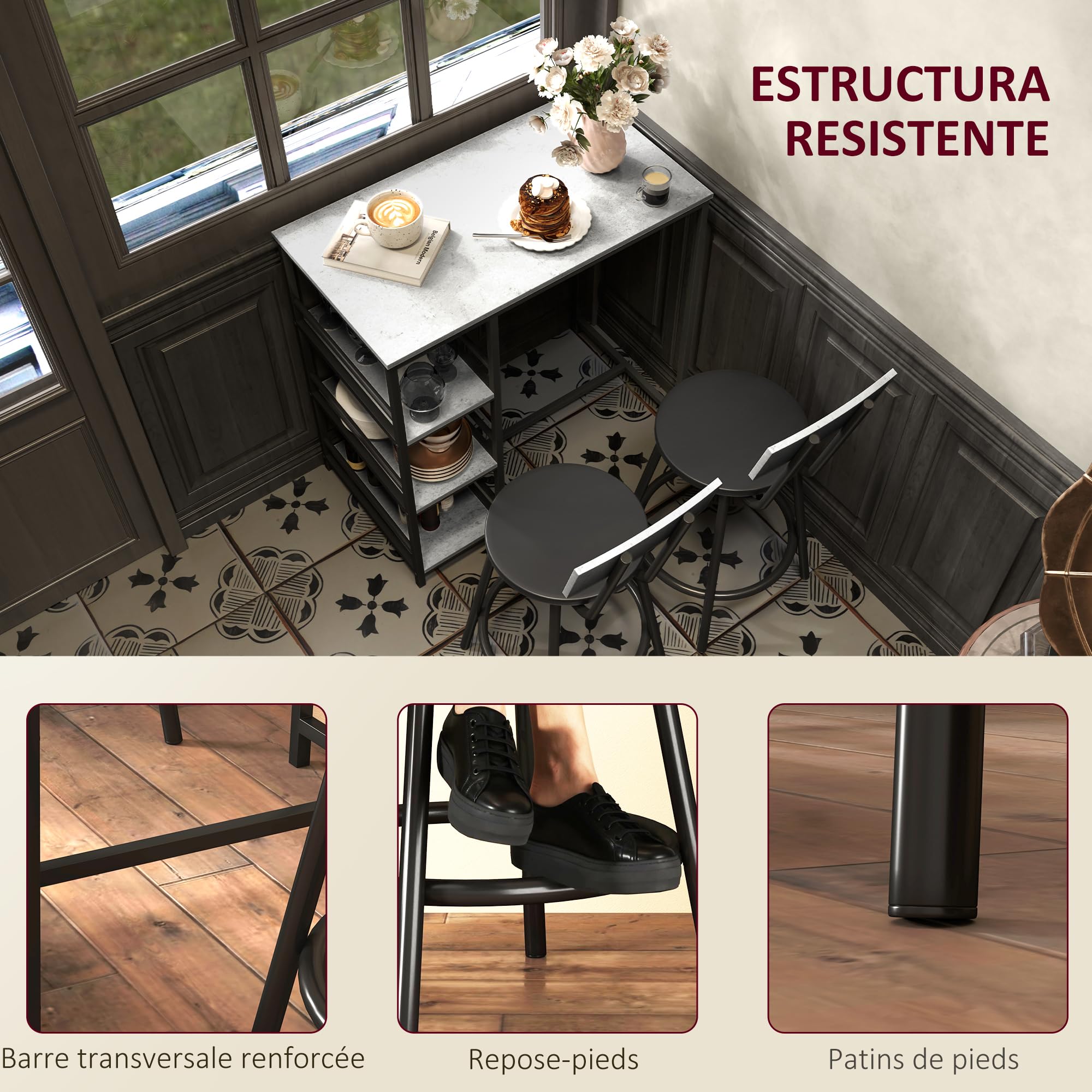HOMCOM Ensemble Table de Bar avec tabourets, Table à Manger Debout avec 2 chaises de Bar, avec étagères, pour Salle à Manger, Cuisine, Gris et Noir