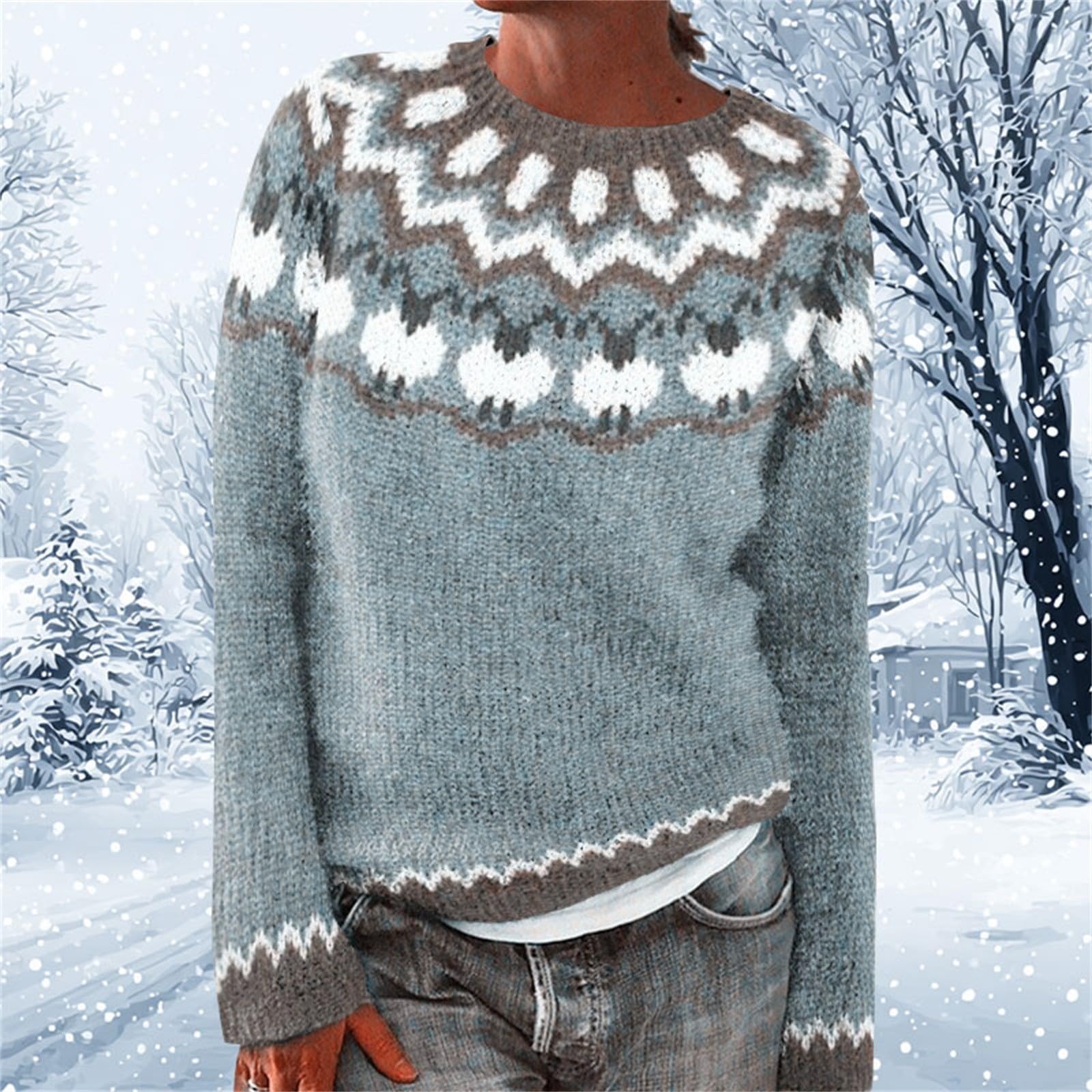 Norweger Pullover Damen Original - Fair Isle Weihnachtspullover Damen Lustig Isländer Pullover Oversize Strickpullover Ugly Weatershirt Klassisch Oberteil Sweatshirt Winter Warm Langarmshirt