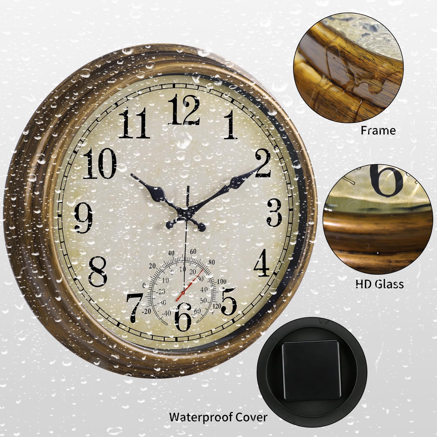 16 Inch Large Outdoor Clock, Waterproof Wall Clock with Thermometer, Battery Operated Silent Non-Ticking Vintage Wall Clock Quartz Round Clock Home Decor,Brown