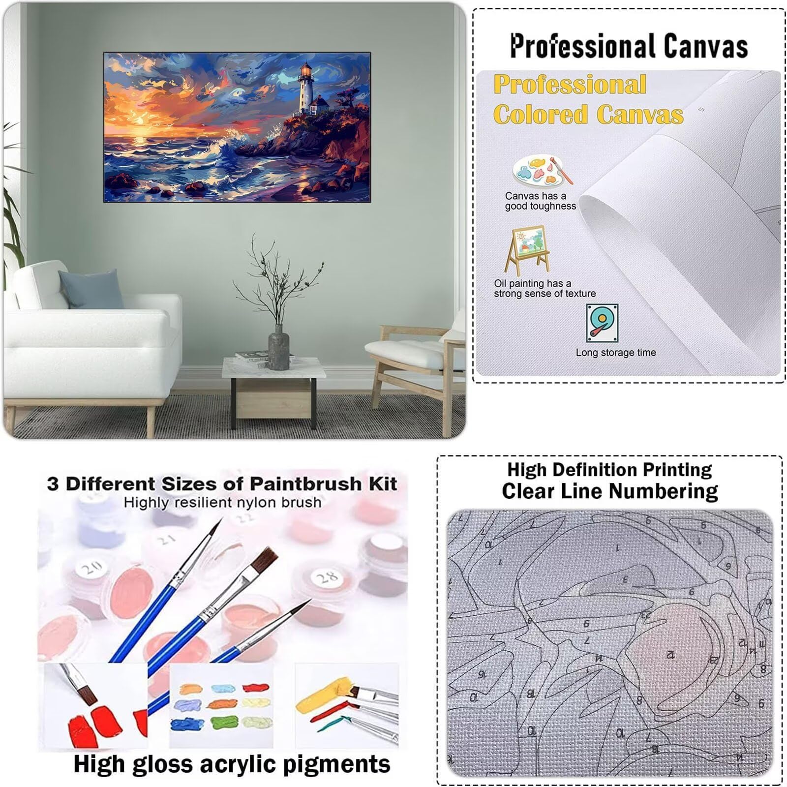 Peinture par numéros pour kits adultes débutant Phare d'art au bord de la mer bricolage peinture à l'huile numérique toile peinture art photos décor à la maison cadeau 16x20 pouces - Sans