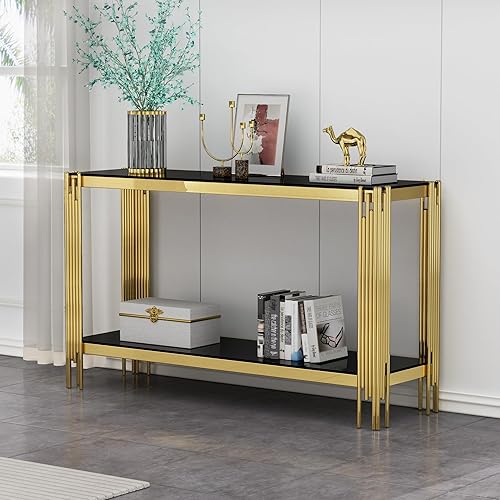 Miniatura 4 de Henf Mesa consola de vidrio de 55 pulgadas, modernas mesas de entrada de vidrio negro, mesa de sofá de lujo de 2 niveles con parte superior de