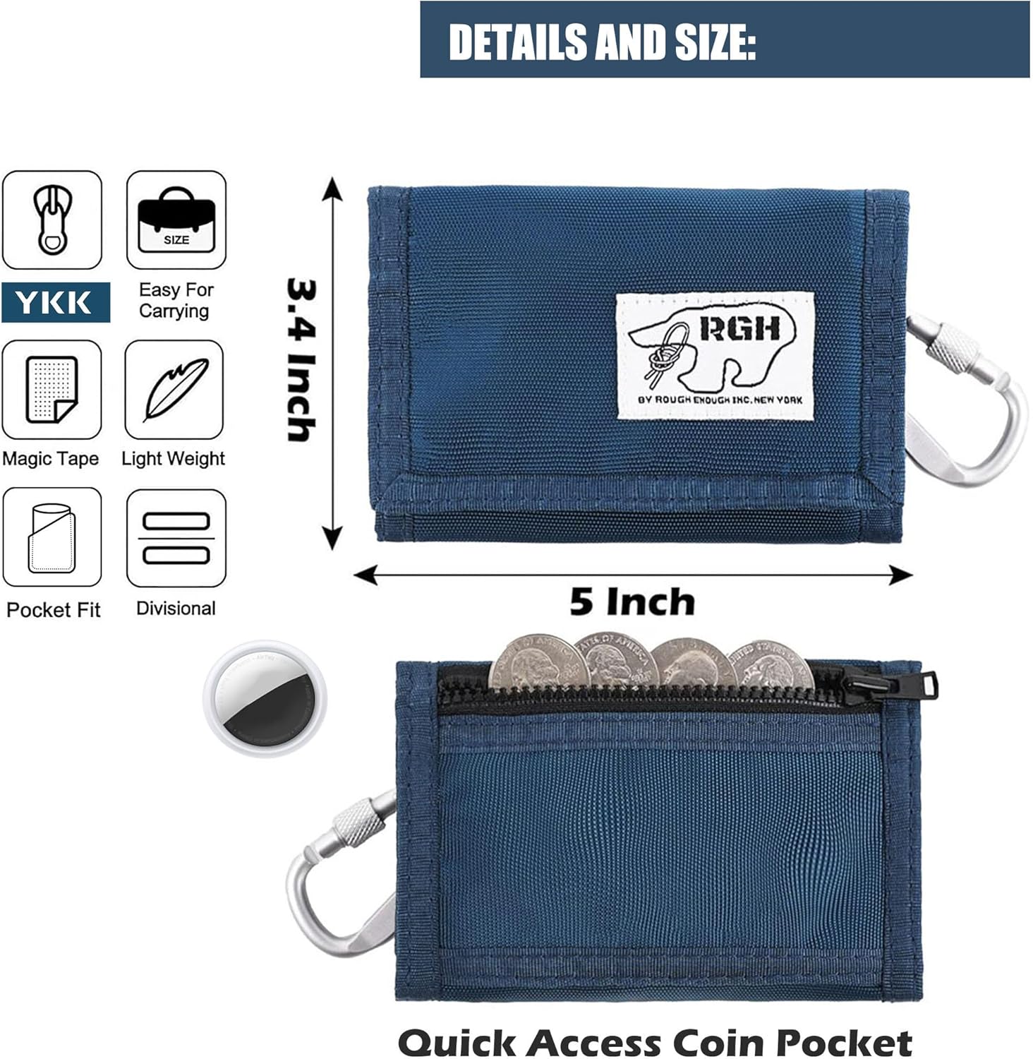 Rough Enough Boys Wallet for Kids Preppy Teens with Neck Lanyard Keychain Cordura Navy Blue - Image 5