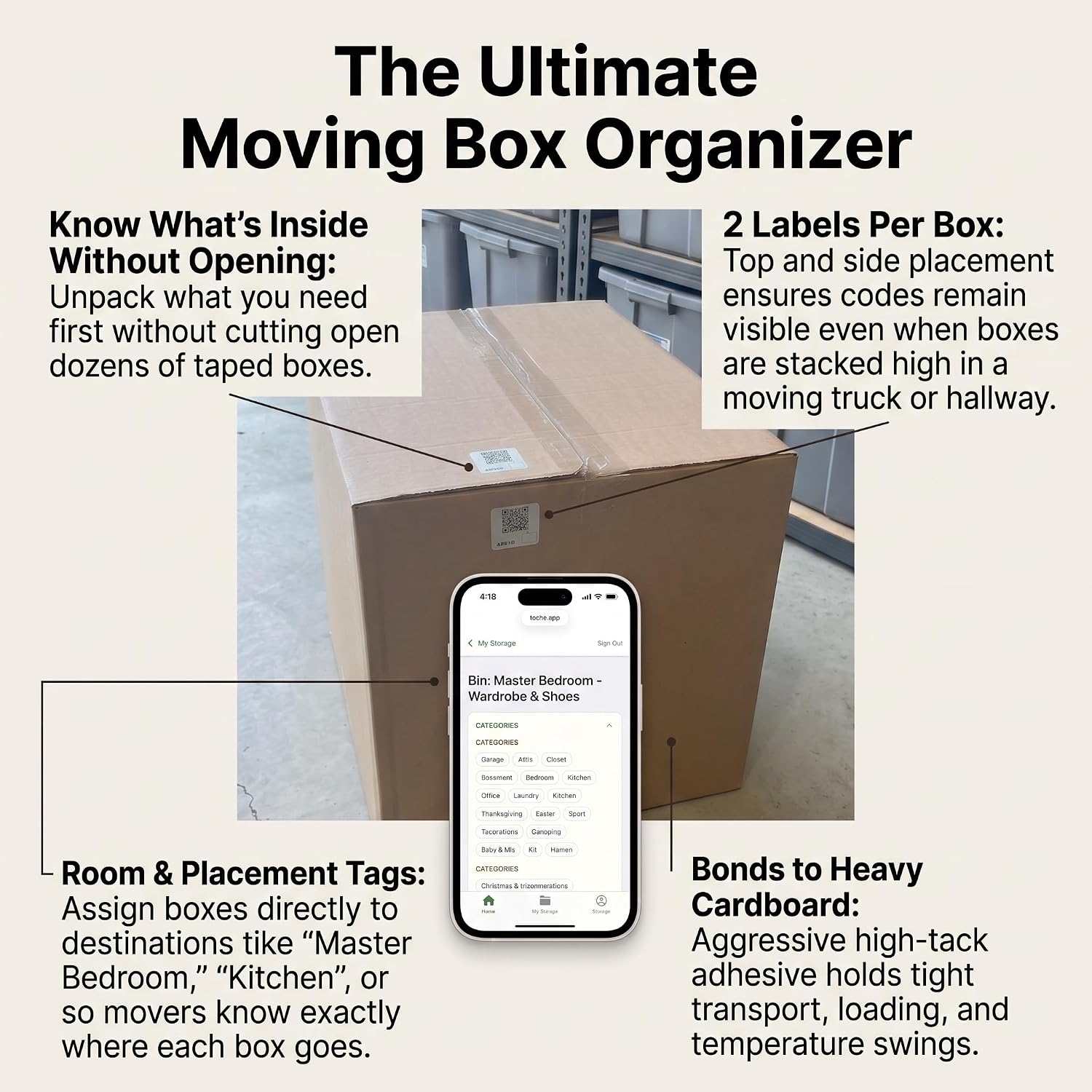 Teche QR Code Storage Labels 120pk (60 Bins, 2-Up) - Weatherproof Vinyl Stickers for Plastic Totes, Moving & Attic Organization, Free Companion App with Voice AI, No Subscription