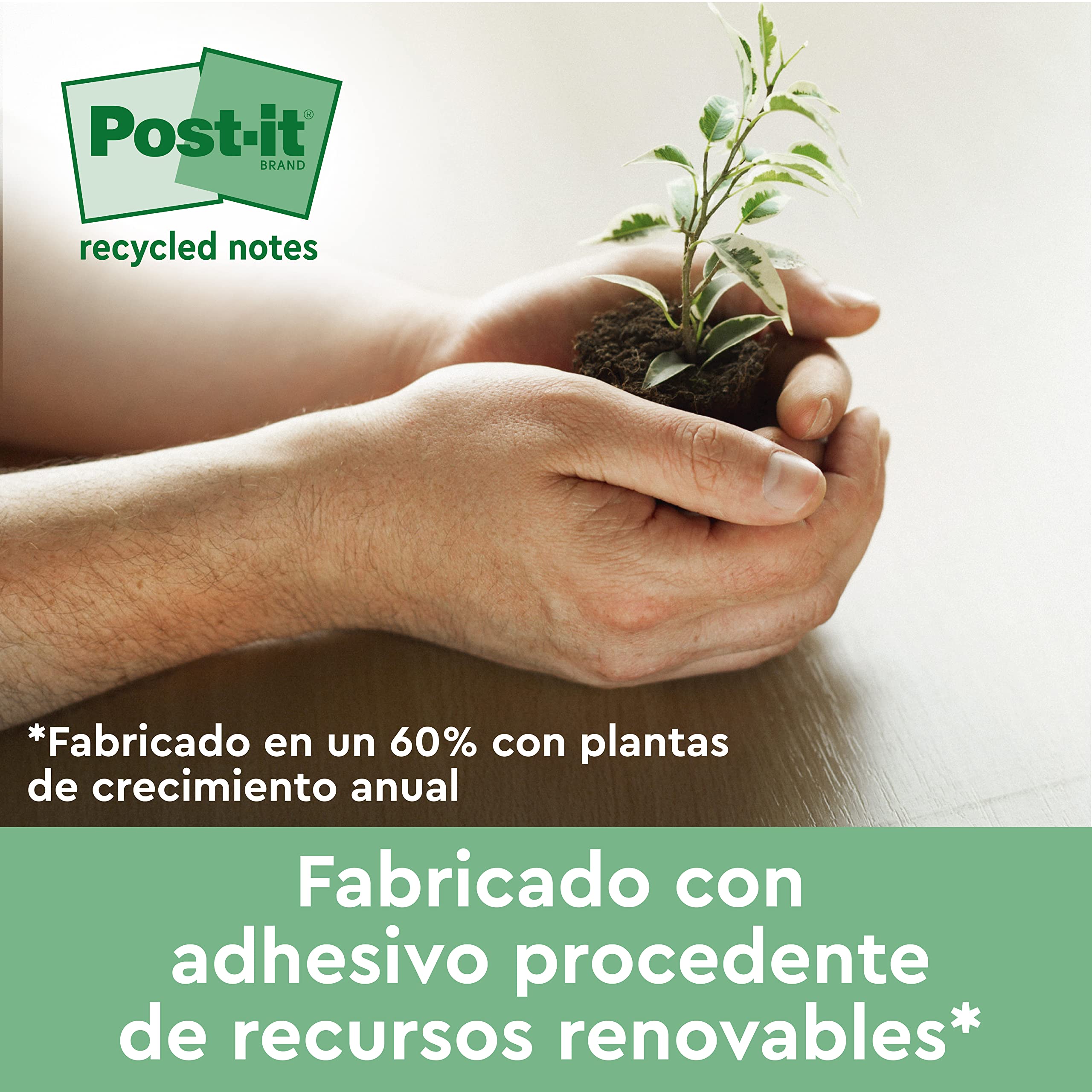 Post-it Notas Recicladas - Paquete de 16 Blocs, 100 Hojas por Bloc (76 mm x 127 mm) - Verde, Rosa, Azul y Amarillo - Notas Autoadhesivas Hechas de Papel 100% Reciclado