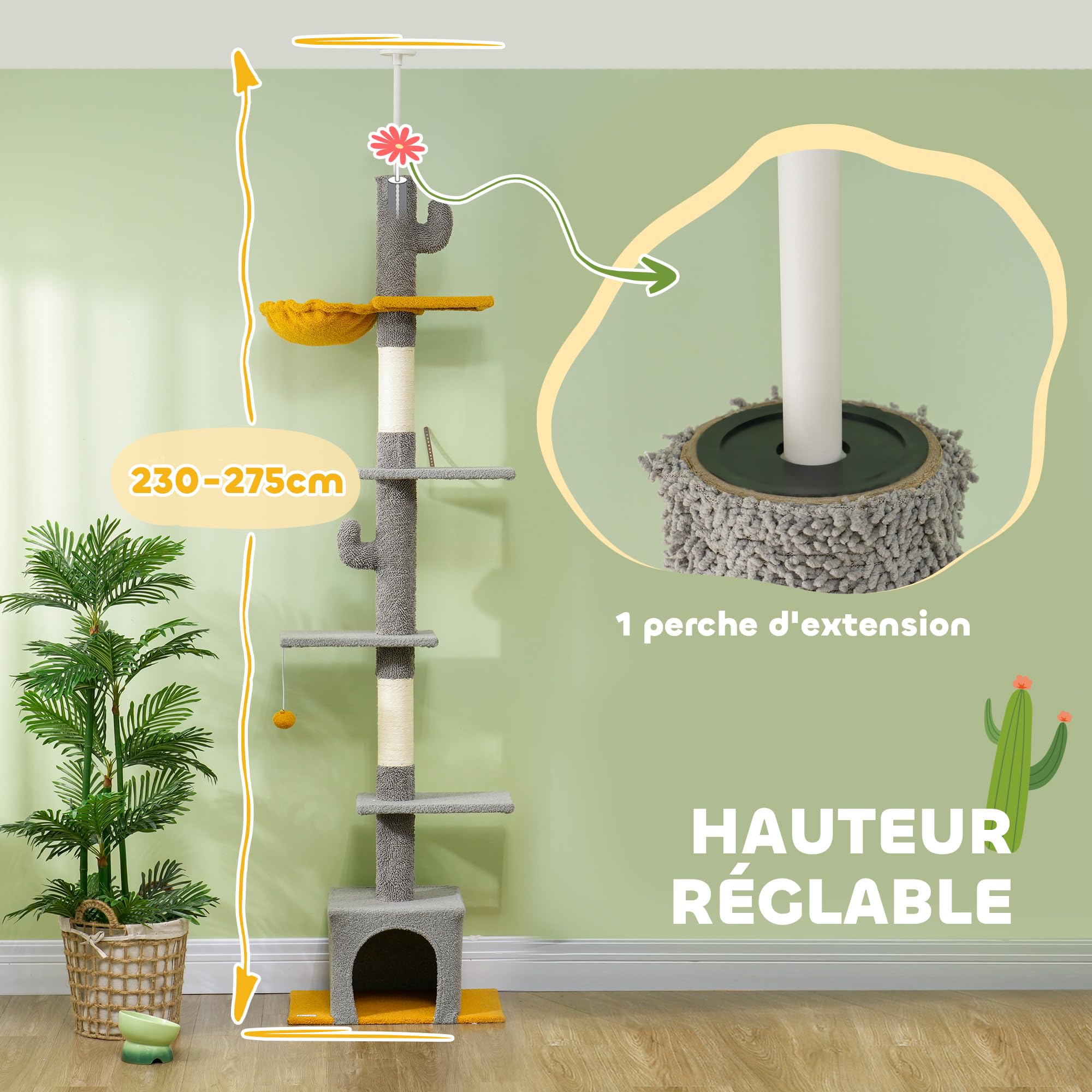 PawHut Albero per gatti da pavimento a soffitto, altezza 275 cm, torre gioco per gatti, 6 livelli, con piattaforme, cuccia, amaca, palla, tiragraffi, per arrampicarsi, graffiare e giocare, grigio | Torre gioco per gatti, piattaforme, nicchia, palla, tirag