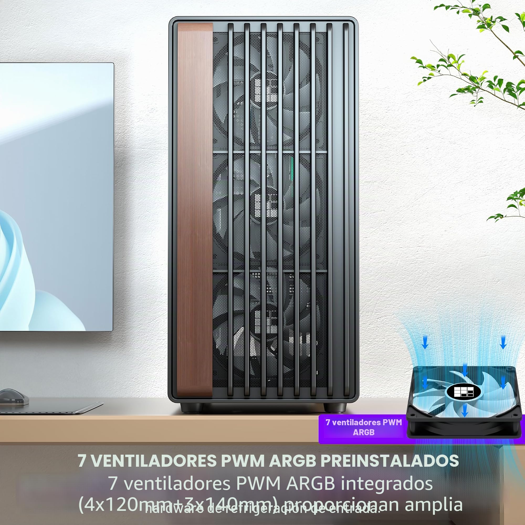 FOIFKIN M1 Caja PC - Panel Frontal de Nogal - 4 Ventiladores ARGB PWM preinstalados - Carcasa de PC ATX Mid-Tower para Juegos (Negro, M2)