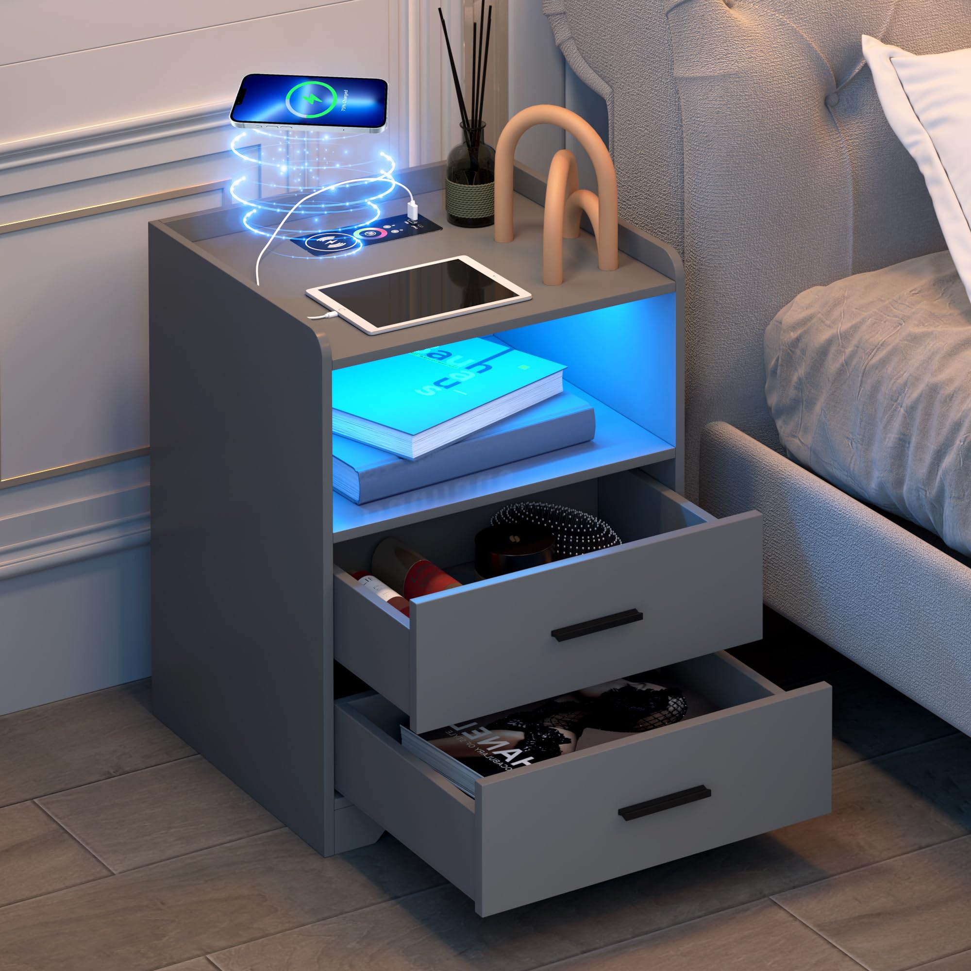 RAIDEN Night Stand w/ USB, Gray