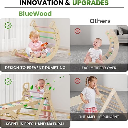 Miniatura 6 de BlueWood Pikler - Juego de triángulos 7 en 1 plegables, juguetes de escalada Montessori de madera con arco y rampa y escalera, escalador para bebés,