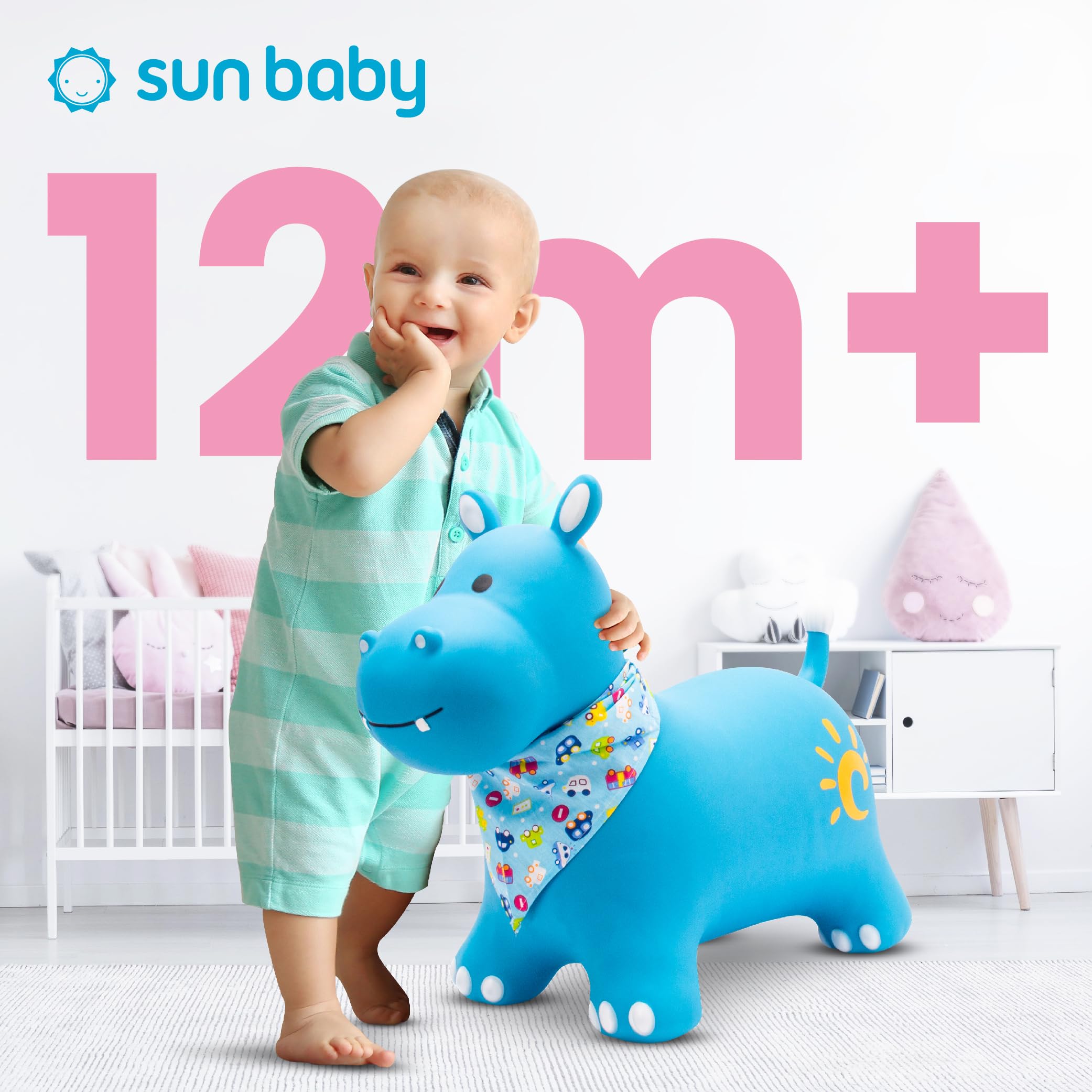 sun baby Saltador Hinchable para Niños hasta 45 Kg sin BPA, de 1 año, Pelotas saltarinas para niños (Hipopótamo Azul con pañuelo) - 2