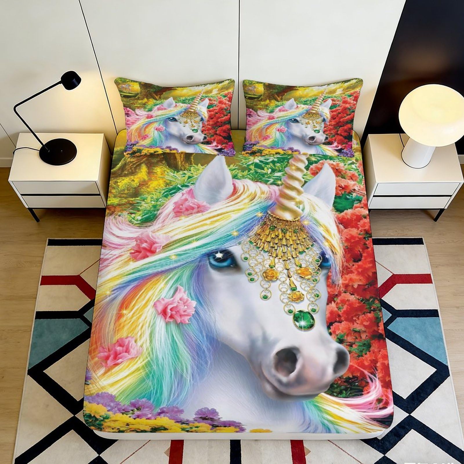 Pnayamiorkfel Style-3 3D Printed Rainbow Unicorn Fitted Sheet Microfiber Soft Colorful Fantasy Floral Bed Cover For Bedroom Dorm Decor 90X200x25cm