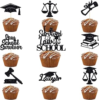25 Pack Law School 2025 Graduation Cupcake Toppers – VARACL Black Glitter Legal Theme Cake Decoration with Grad Cap,Gavel,Scales Designs for Class of 2025 Lawyer Graduation Party Decoration Supplies