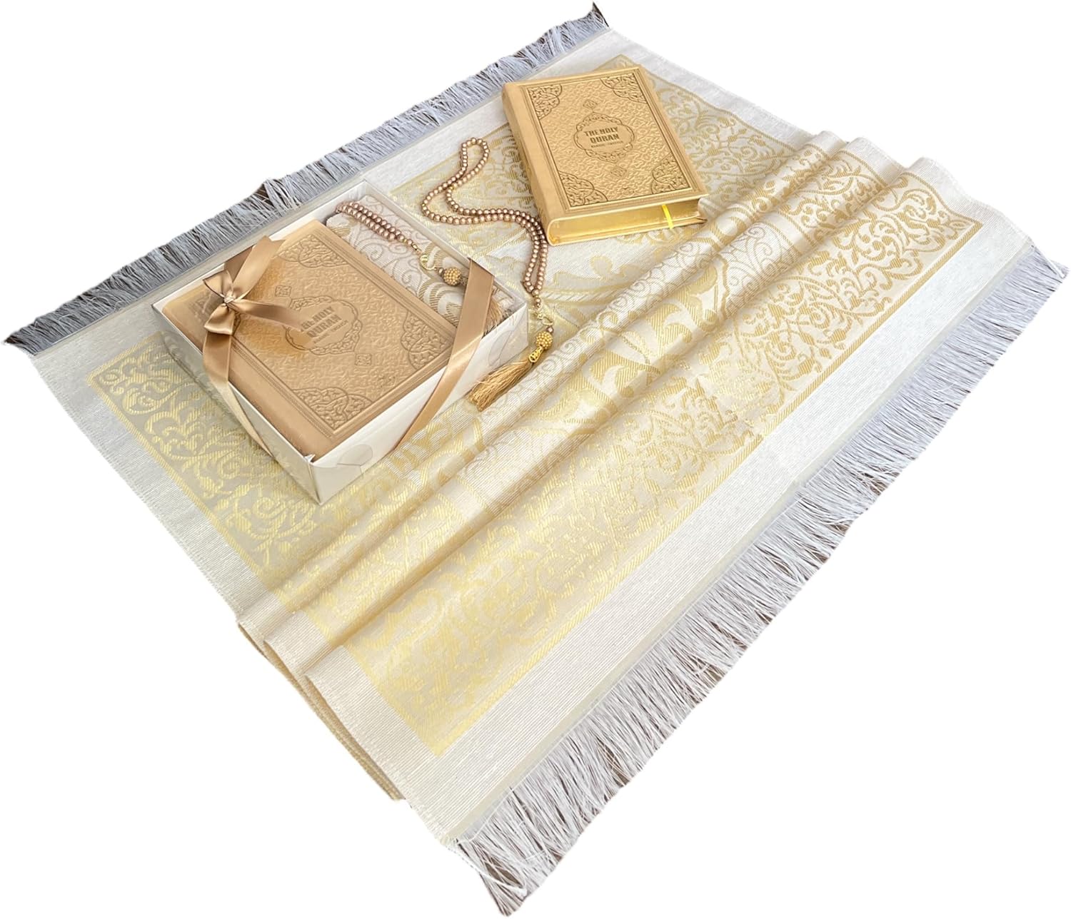 English Translate Thermo Leather Covered Quran, Tafta Prayer Mat and Beads Set |Quran Size: 17 * 20 cm / 5.5 * 7.9 inc | Muslim Prayer Mat | Great Ramadan Gifts for Muslim Men,Women(Gold,1 Sets)