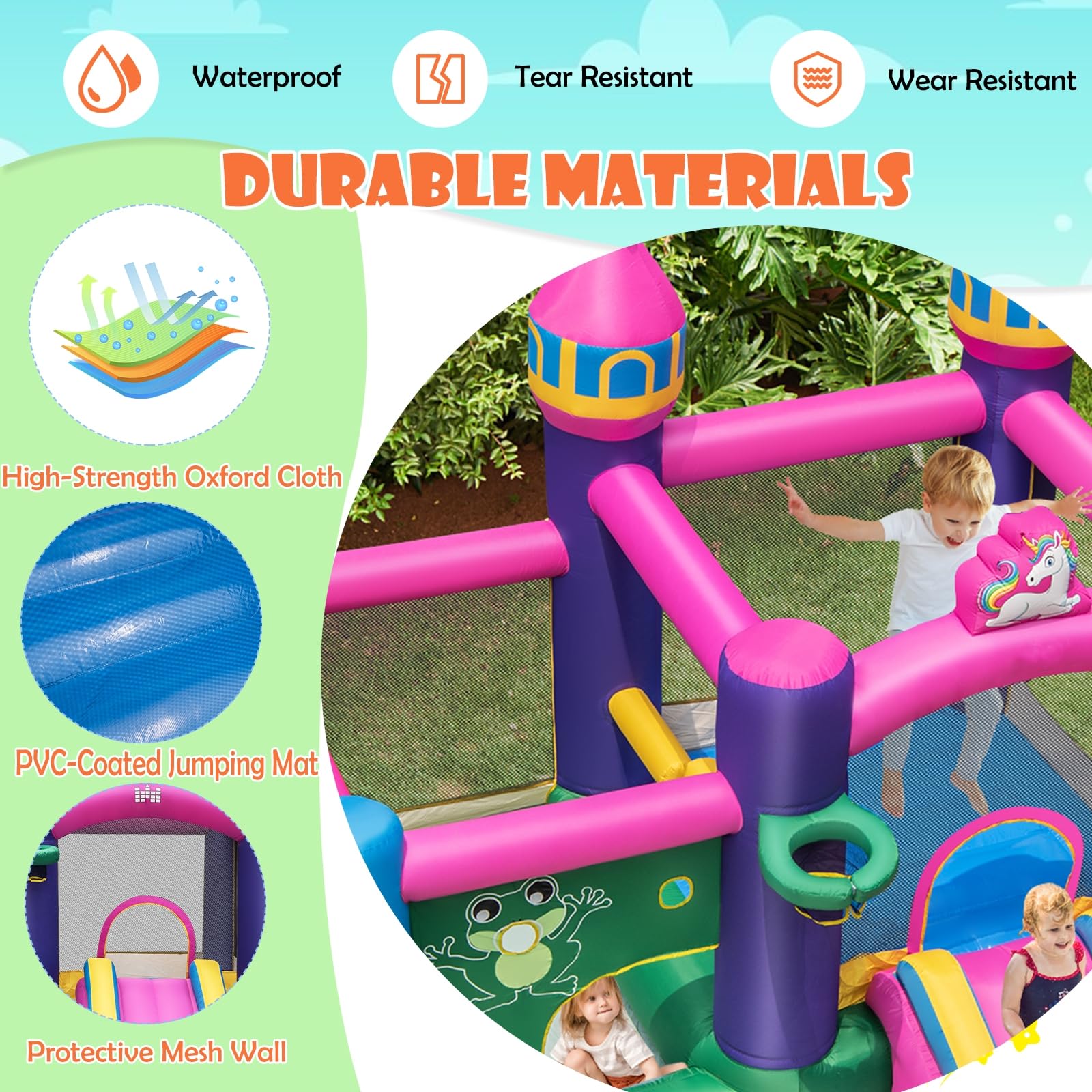 LIFEZEAL Château gonflable, parc aquatique avec 2 toboggans, mur d'escalade, étang, parc gonflable avec zone de saut pour enfants à partir de 3 ans, pour intérieur et extérieur (sans souffleur