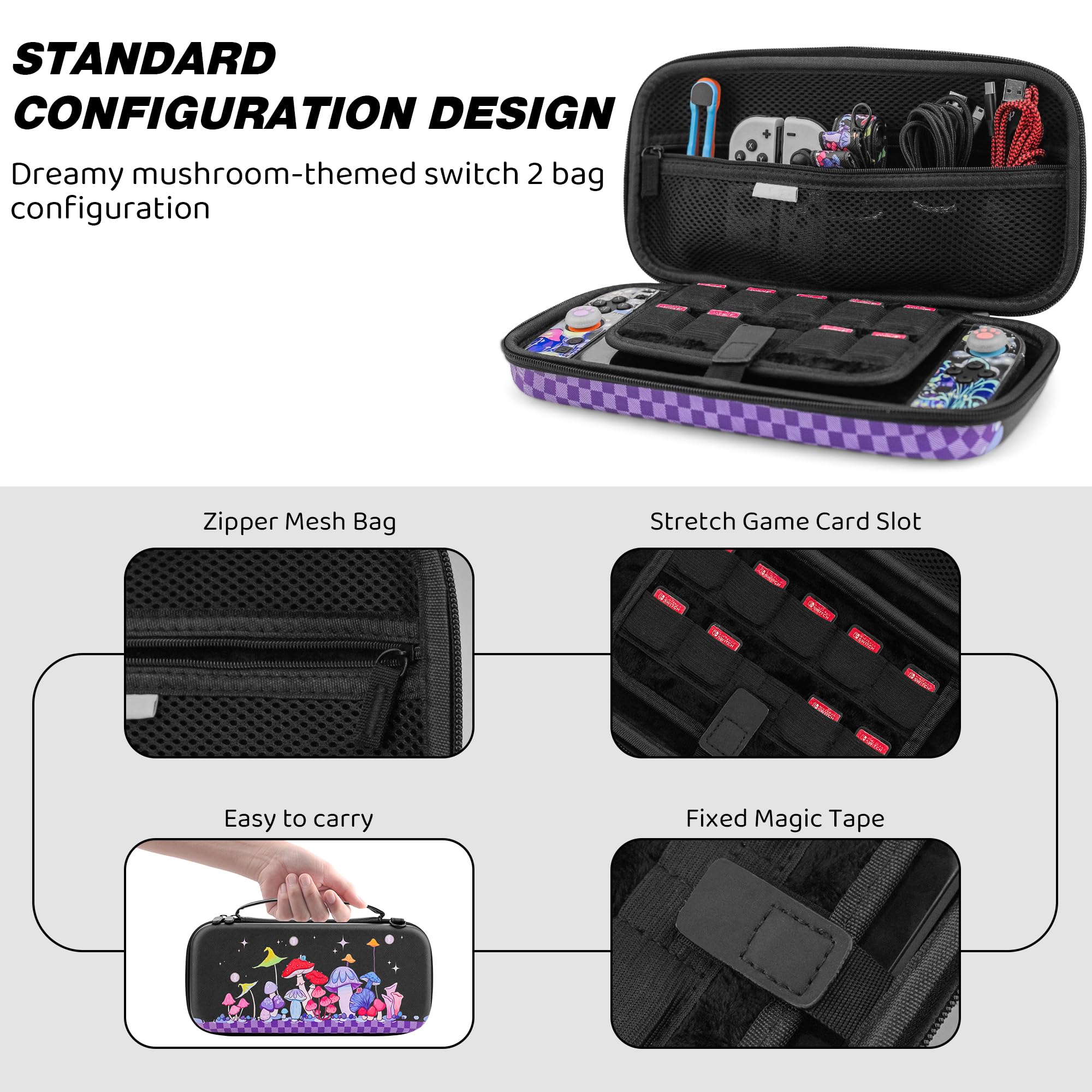 PAWDIARY Kit di 2 accessori per interruttore a fungo, con custodia da viaggio portatile per Nintendo Switch 2, cover per interruttore 2, pellicola protettiva per schermo HD, tracolla regolabile e 2