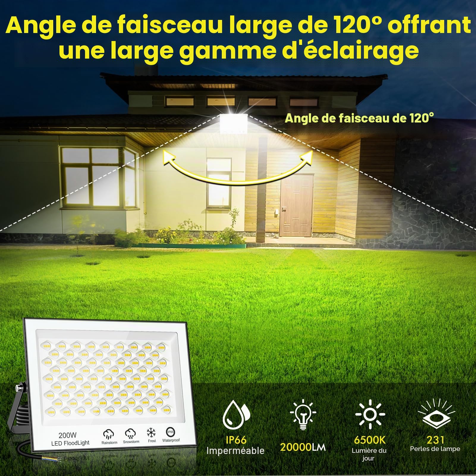 Projecteur LED Extérieur 200W 2 Pièces - 20000LM Super Lumineux Spot LED Extérieur 6500K Blanc Froid Projecteur LED, IP66 Imperméable Projecteur Exterieur LED pour Jardin, Patio, Garage, Entrée, Cour