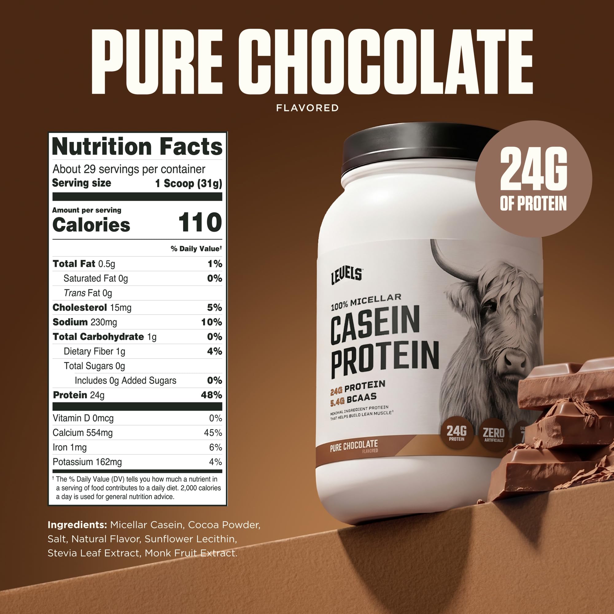Levels 100% Micellar Casein Protein Hormone Free Chocolate 2LB | 24G of Protein 5.2G BCAAs Hormone Free Dairy No Added Sugar No Fillers Clean Ingredients Complete Protein product thumbnail 5