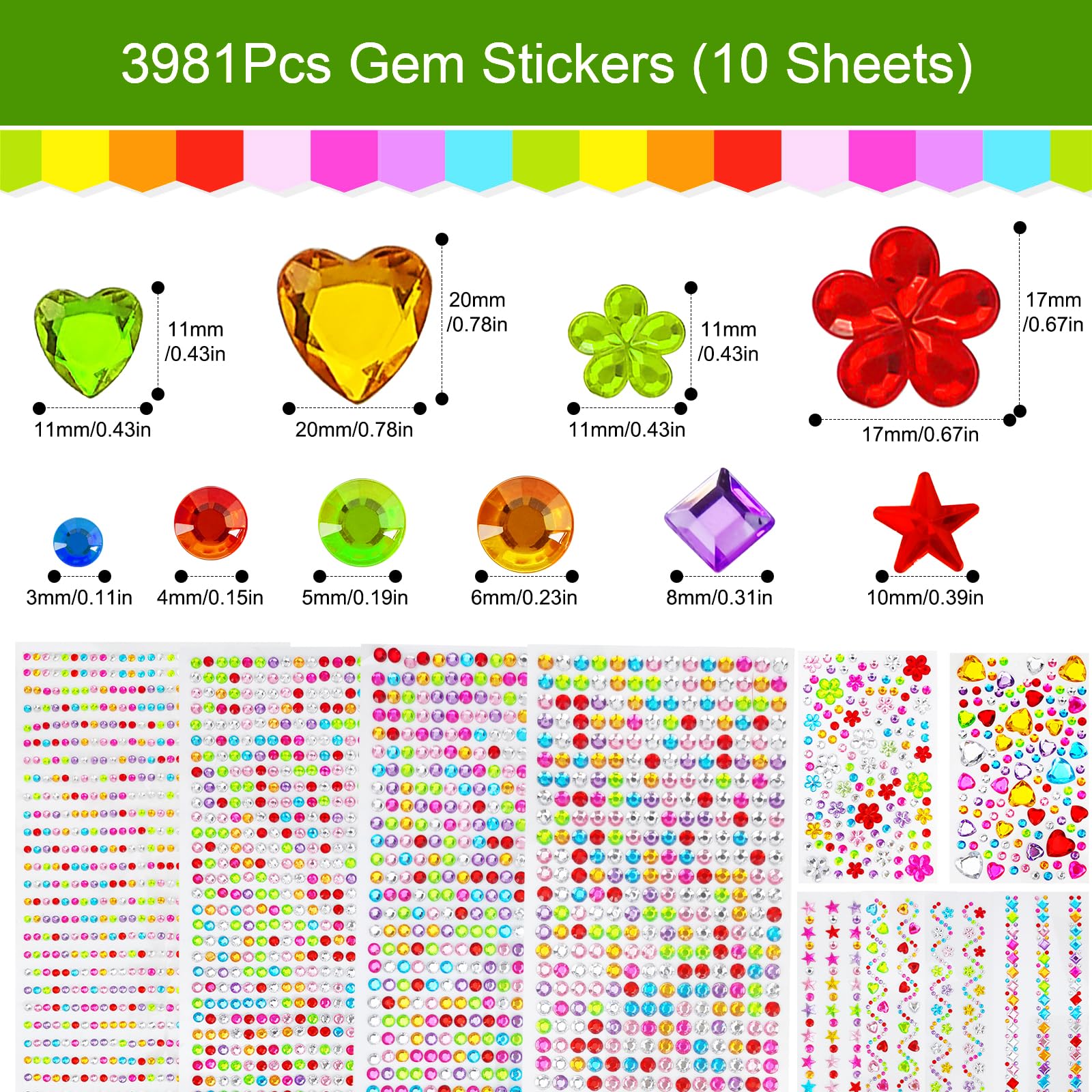3981 Pezzi Adesivi Strass Per Bambini – 10 Fogli Glitter Con Forme Di Fiore, Cuore E Cerchi