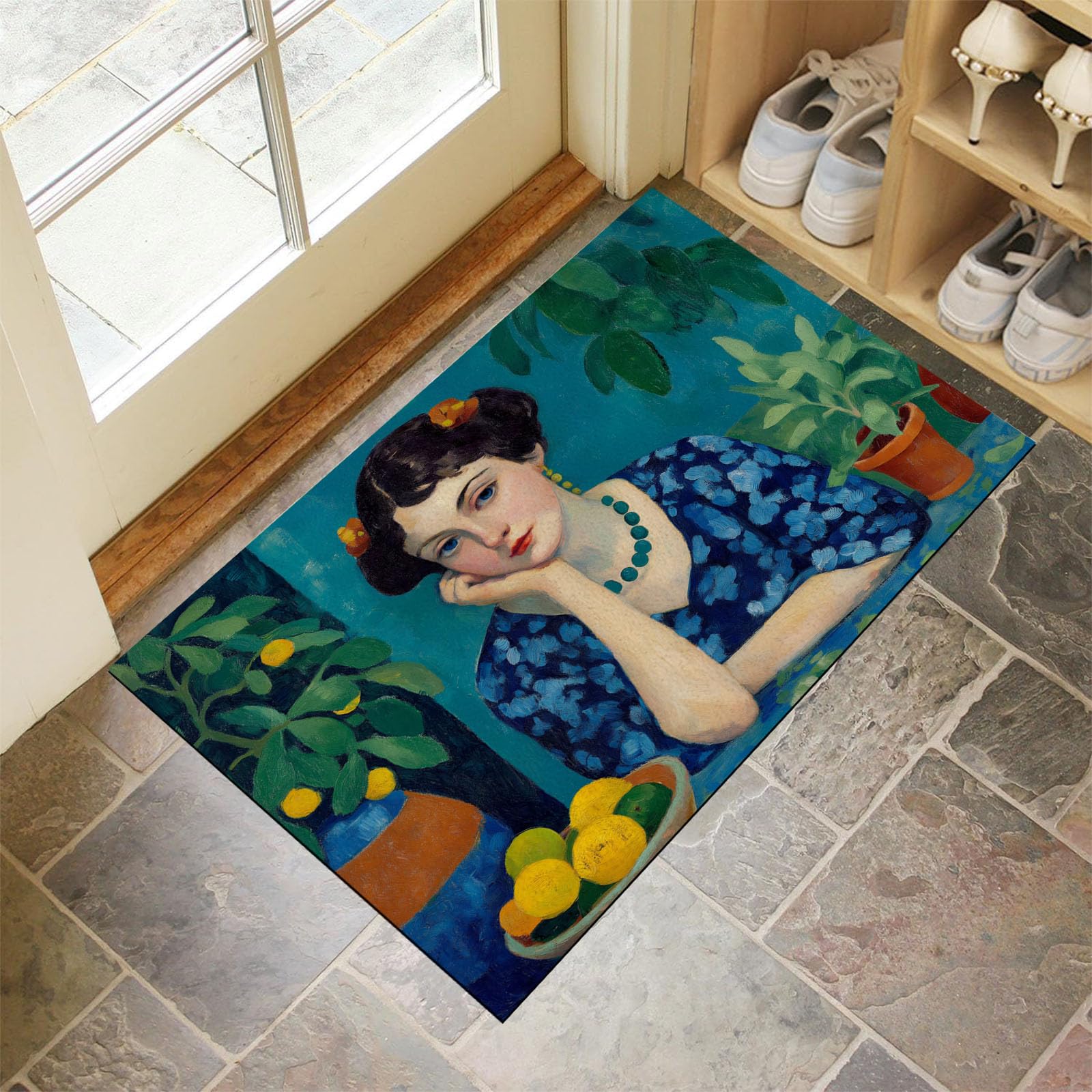 Paillasson attrape poussière anti-glisse tapis lavable bleu