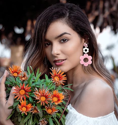 Miniatura 4 de Aretes acrílicos de flores para mujer, aretes colgantes de doble margarita, aretes florales de flores de resina para mujer, aretes Y2K de flores