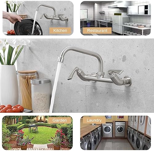 Vista 26 de Grifo de fregadero de utilidad para montaje en pared, grifo de fregadero de cocina de 10 pulgadas de longitud, cromado, 2 manijas, barra