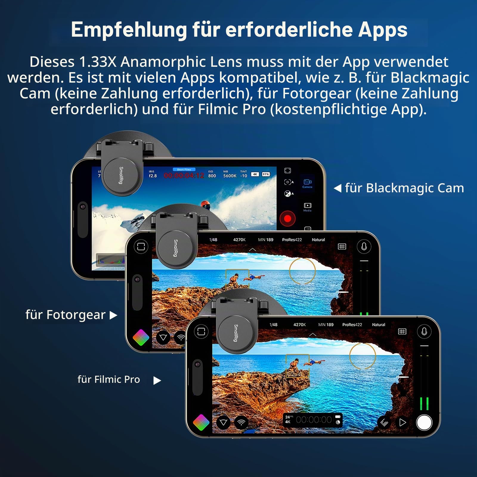 SMALLRIG 1,33x Anamorphotisches Objektiv für Mobiltelefone, 2.4:1 Breitbild-Deformationsobjektiv mit T-Mount für Filmaufnahmen, Handy-Kinoobjektiv für iPhone 15/14/13/12, für Samsung S21/S22-4590