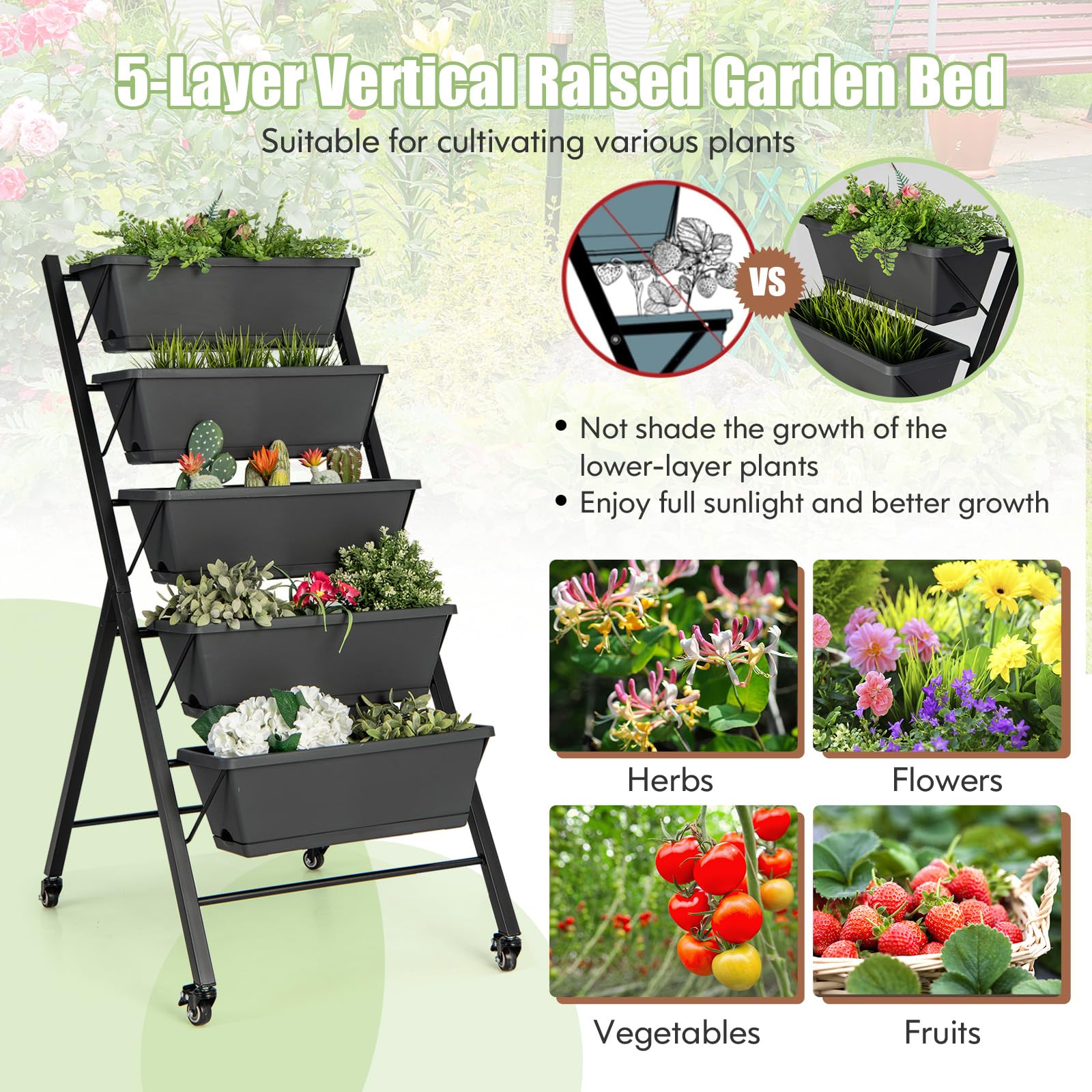 HOMASIS Vertikales Hochbeet mit 5 Etagen, Blumenbeet mit 5 Pflanzkästen, Vertikalbeet mit Rollen, Blumentreppe aus Metall, Gemüsebeet Blumenkasten für Balkon Garten (Schwarz, 57 x 68 x 117 cm)