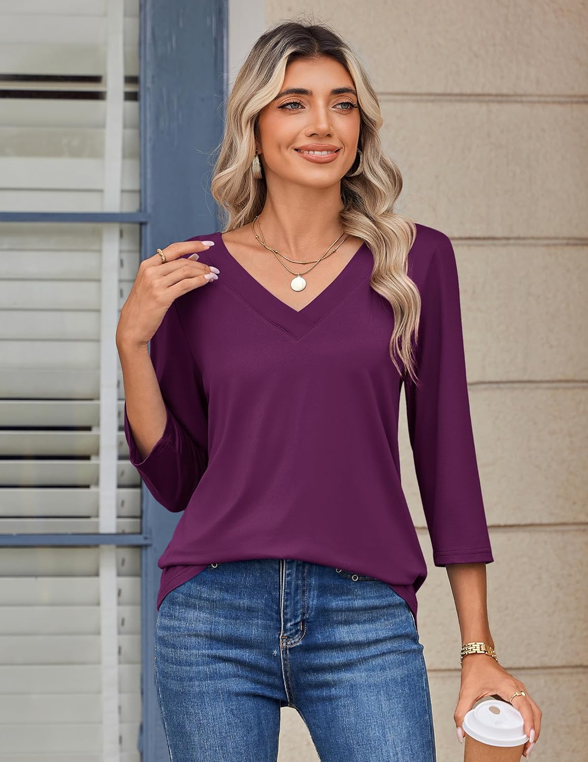 Zeagoo 3/4 Length Sleeve Womens Tops V Neck Shirt Dressy Casual Blouse Basic Tshirts 2026 Fashion Clothing S-2XL - Image 3