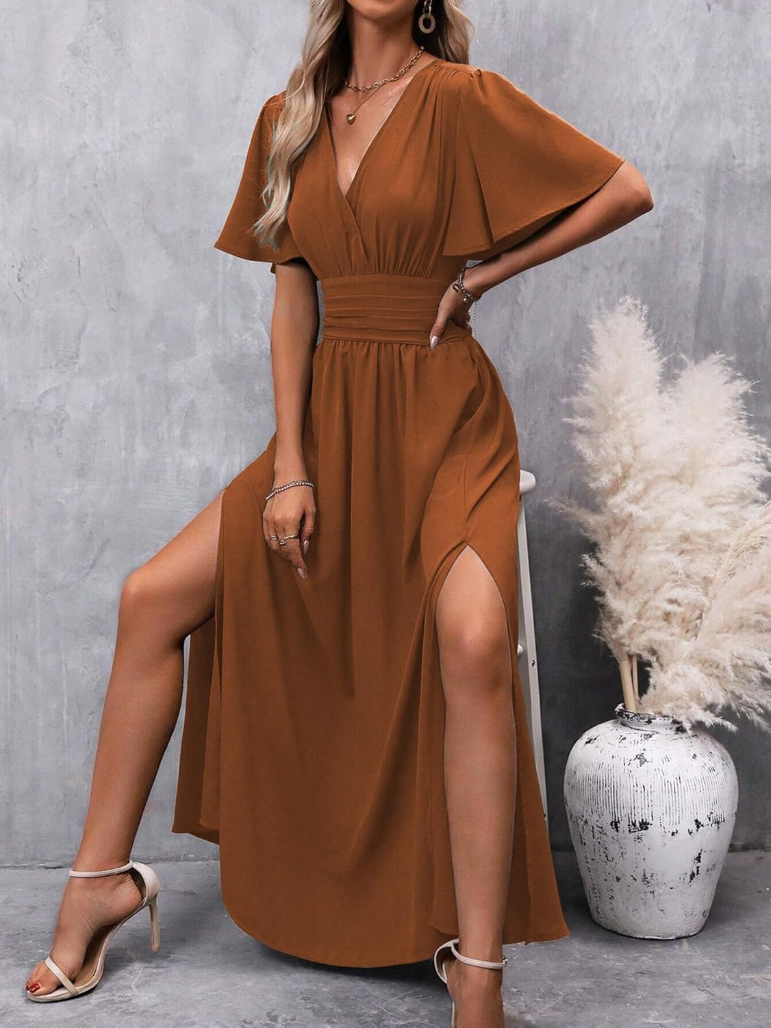Women's Deep V Neck Maxi Dress Summer Ruffle Short Sleeve Slit Long Dress - Image 3