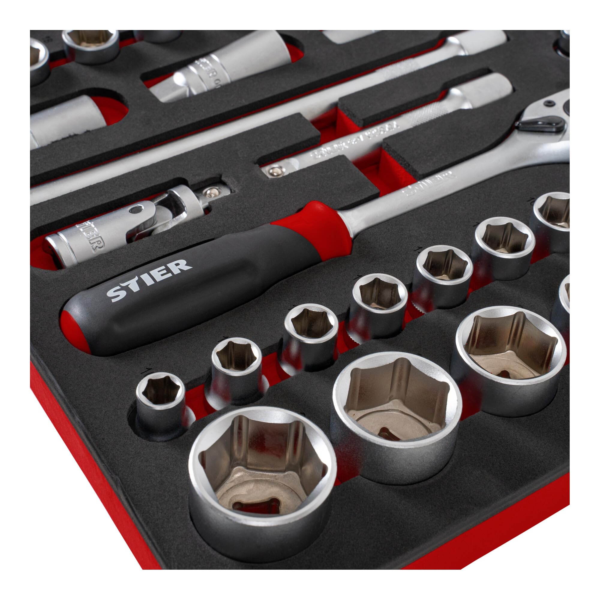Set di chiavi a bussola STIER, 179 pezzi, in inserto di espanso morbido, 1/4 pollice, 3/8 pollice e 1/2 pollice, con cricchetti reversibili, come inserto per il carrello per officina STIER, acciaio al