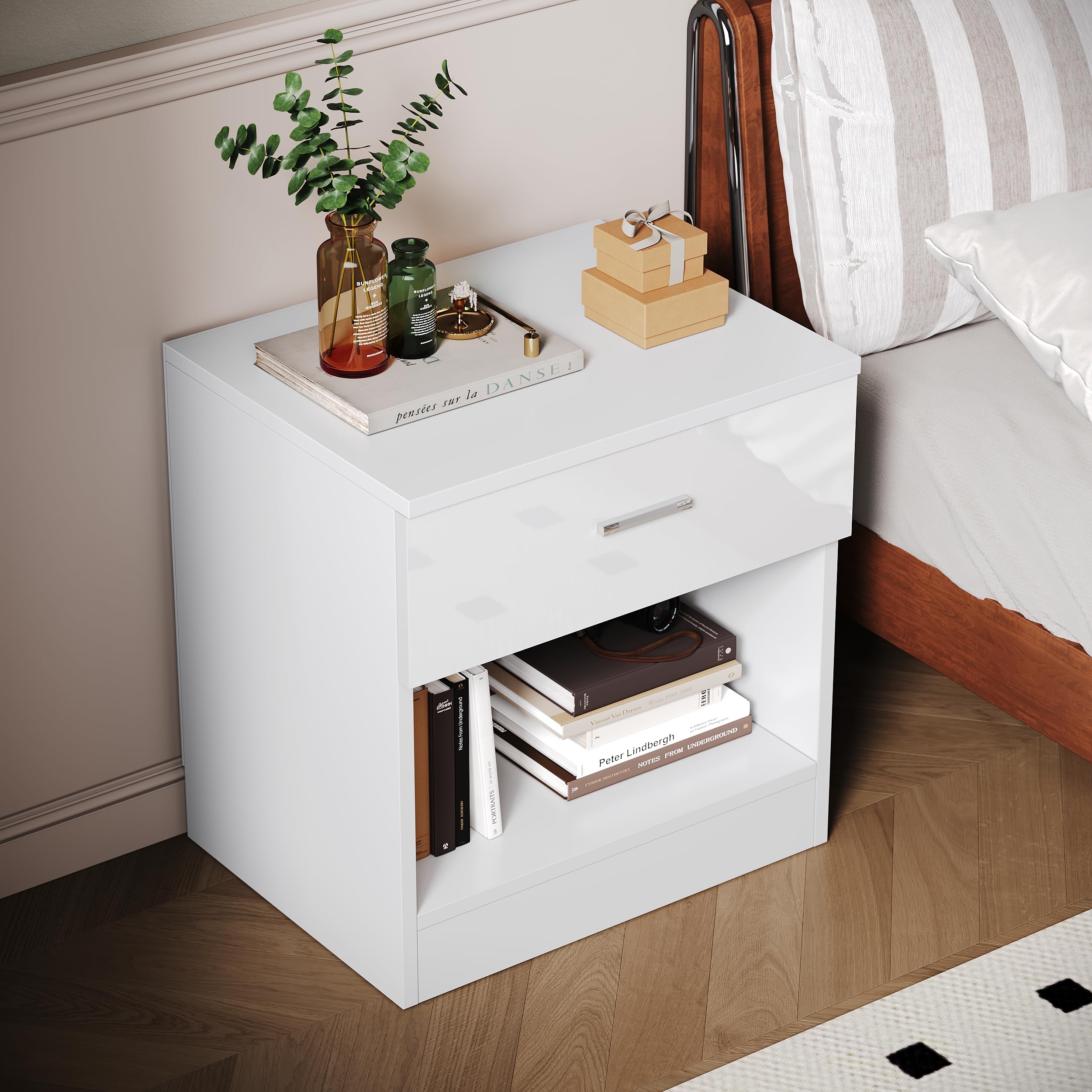 ELEGANT Modern High Gloss Bedside Cabinet Night Stand Storage Shelf with Bin Drawer, for Bedroom or Home Storage Organizer, White — image 1