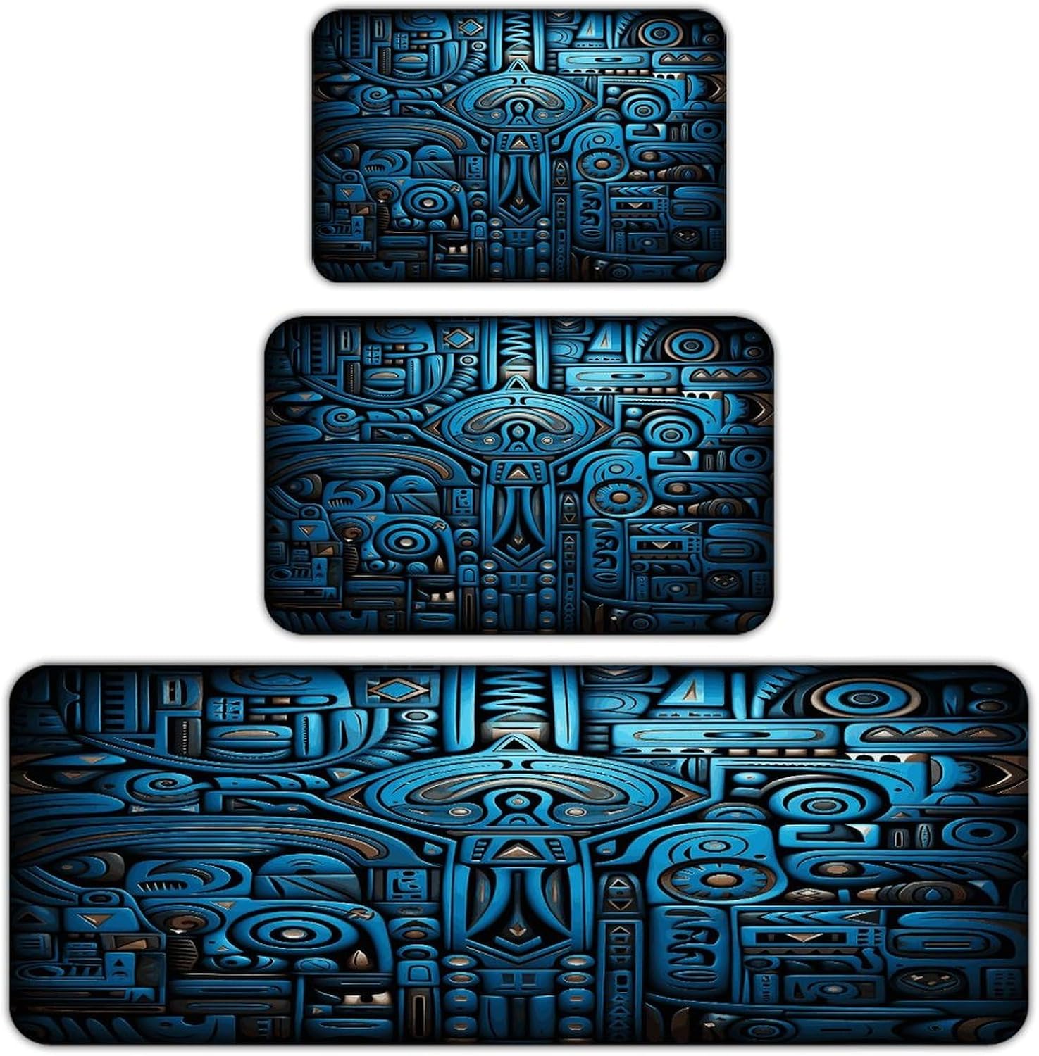 Blue and Black Tribal Pattern 3-Piece Kitchen Rug Indoor Door Mat | Non-Slip Kitchen Mat for Profile Absorbent, Moisture-Wicking and Breathable for Bathroom Laundry Room Bedroom Home Decor