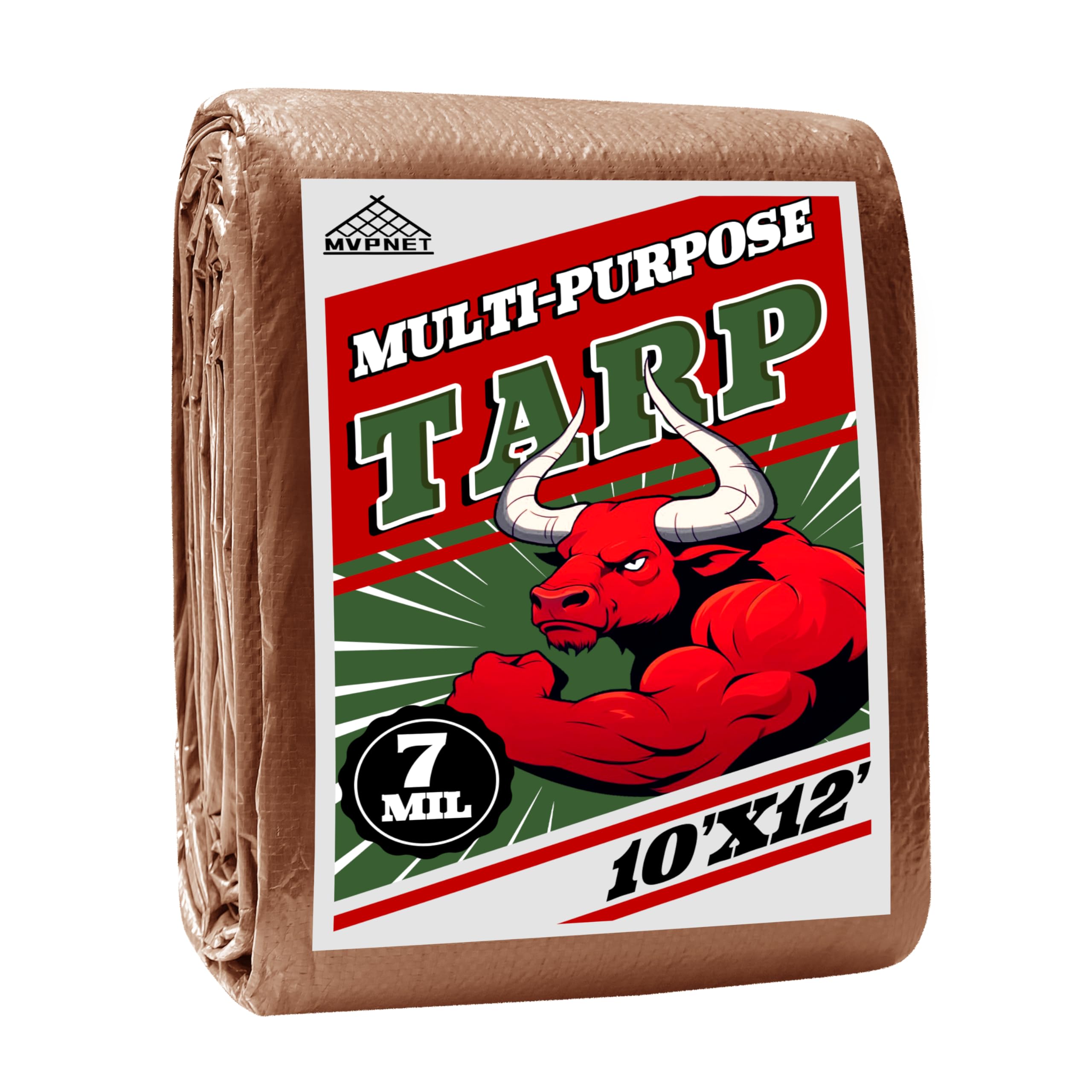 Tarp 10x12 ft 100% Waterproof 7mil Durable Grommets and Reinforced Edges,Uv Resistant,Green/Brown Tarp,Emergency Rain Shelter,Outdoor Cover and Camping Use -by MVPNET