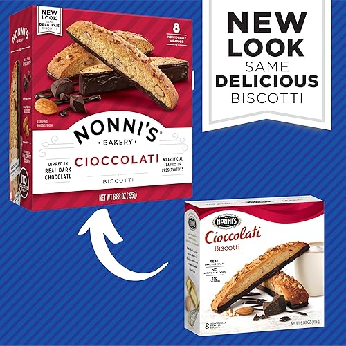 Miniatura 3 de Nonnis Cioccolati Biscotti - Galletas italianas  2 cajas  Biscotti envueltas individualmente  Galletas italianas hechas con almendras de California