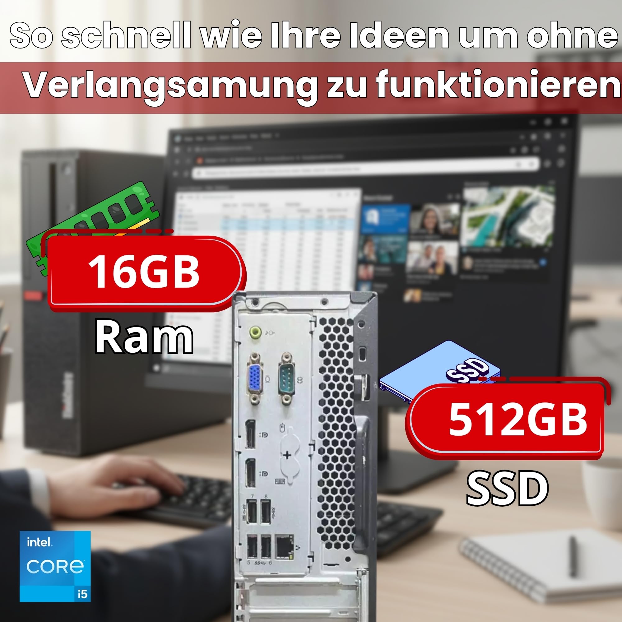 Lenovo Kompletter Business-Computer ThinkCentre mit 27 Zoll Ultra Slim Monitor | Intel Core i5 8500 | DP USBC | 16 GB | 512GB | Webcam Win 11 Pro MS Office 2021 Pro Garantie 36 Monate (überholt)