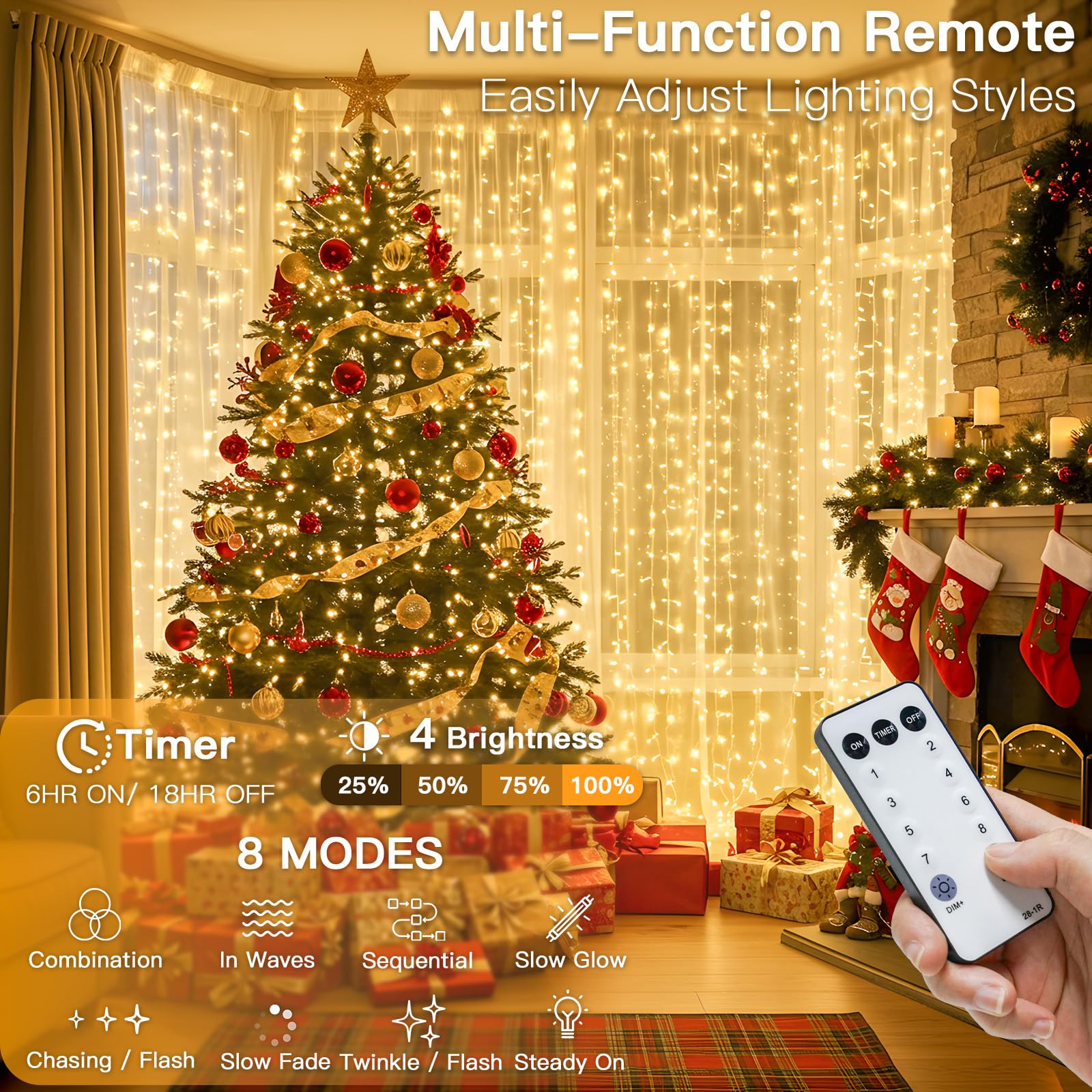 suddus Rideaux lumineux de Noël à 600 DEL pour extérieur, 3 x 6 m, à brancher avec télécommande, lampes murales pour Noël, dortoir, mur, fenêtre, mariage, fête, décoration d'anniversaire, blanc chaud