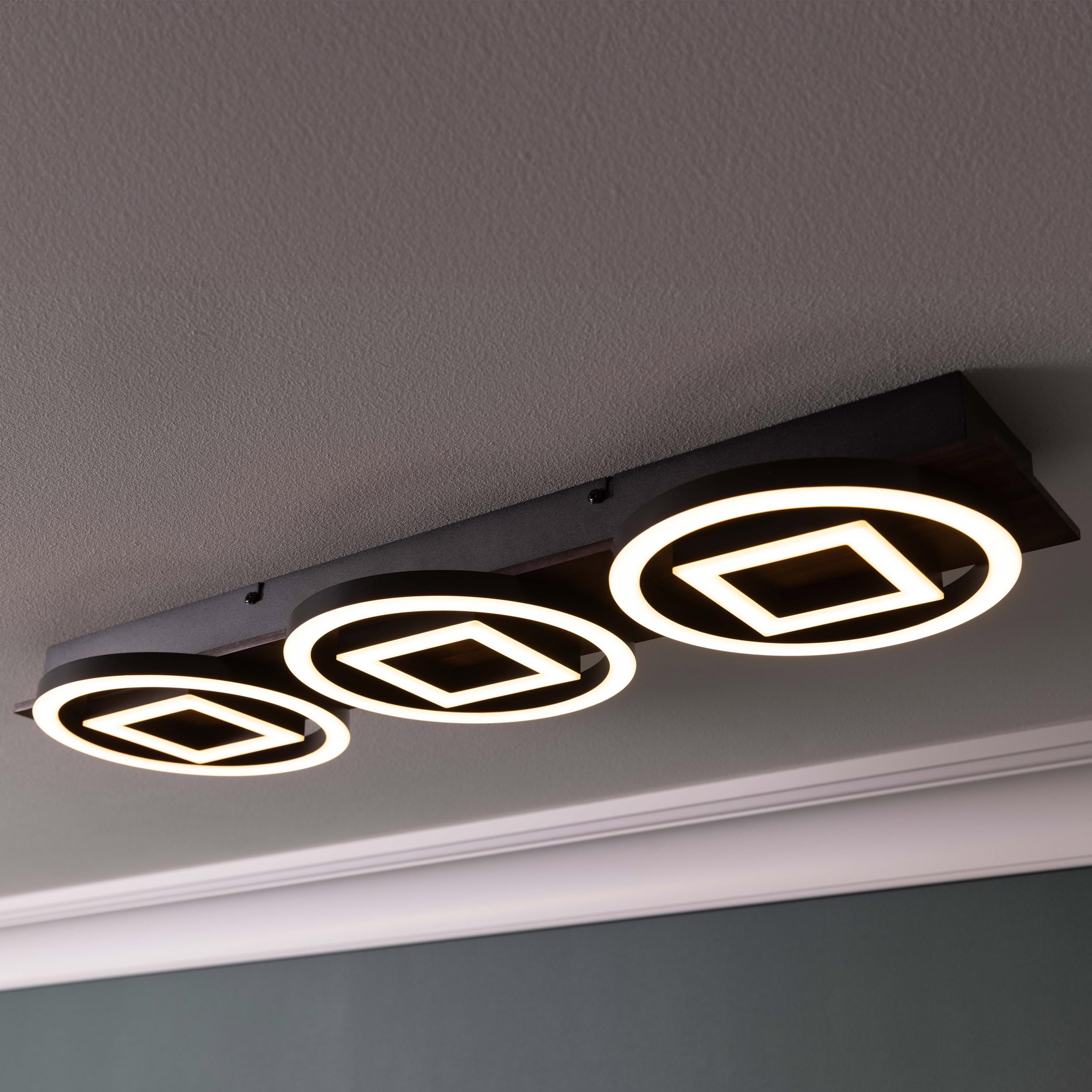 Lightbox Plafón LED regulador de intensidad de 3 niveles y perfil LED redondo - Plafón Nature - 7 x 67 x 20 cm - 36 W, 3500 lm, 3000 K - de metal/madera/plástico - en marrón oscuro/negro mate