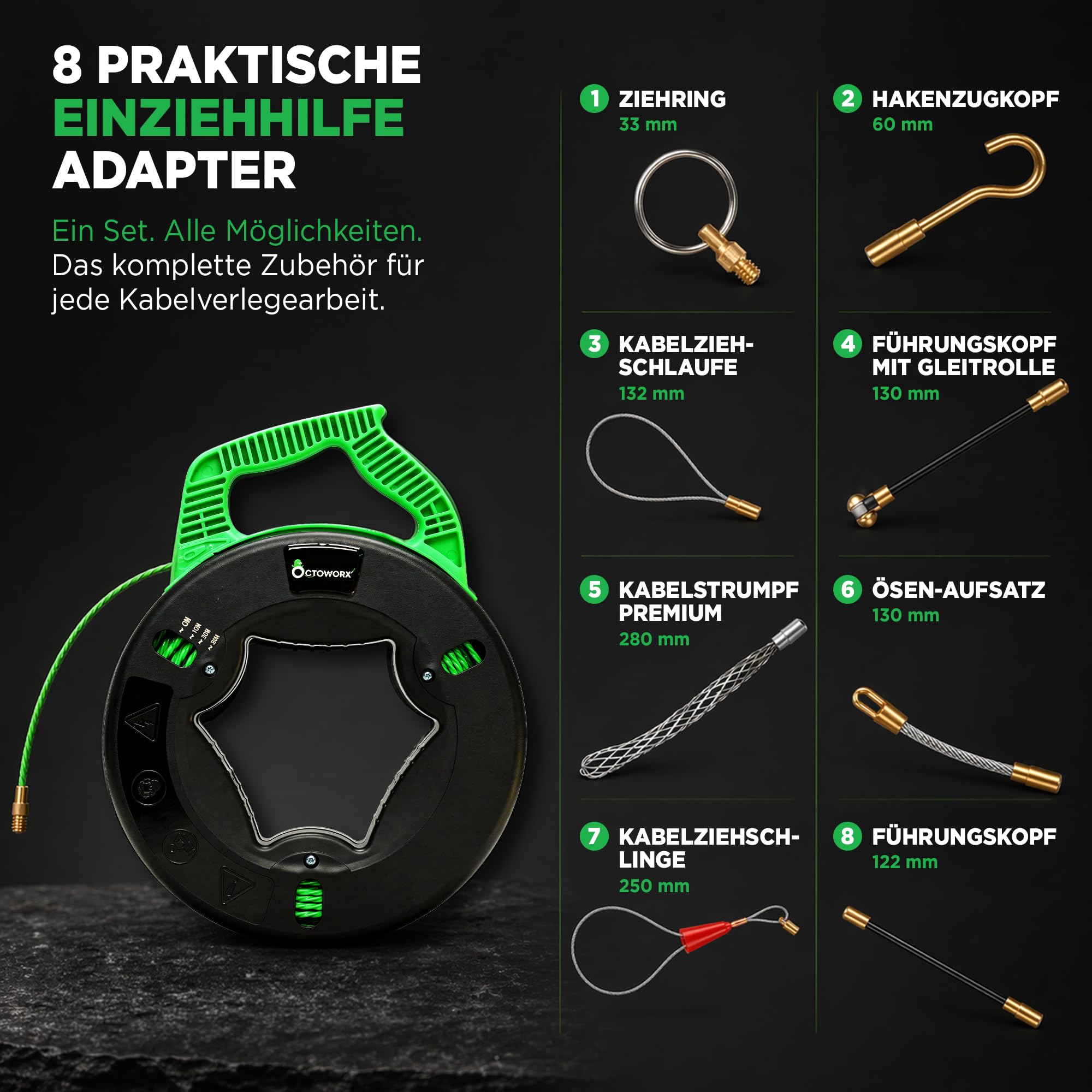 Kabeleinziehhilfe 30m mit Kabelziehgriff & 8 Adaptern | Einziehhilfe für Leerrohre, Elektro & Glasfaser – Zugdraht, Einziehband, Einziehspirale, PET-Kabel Ø4,5mm