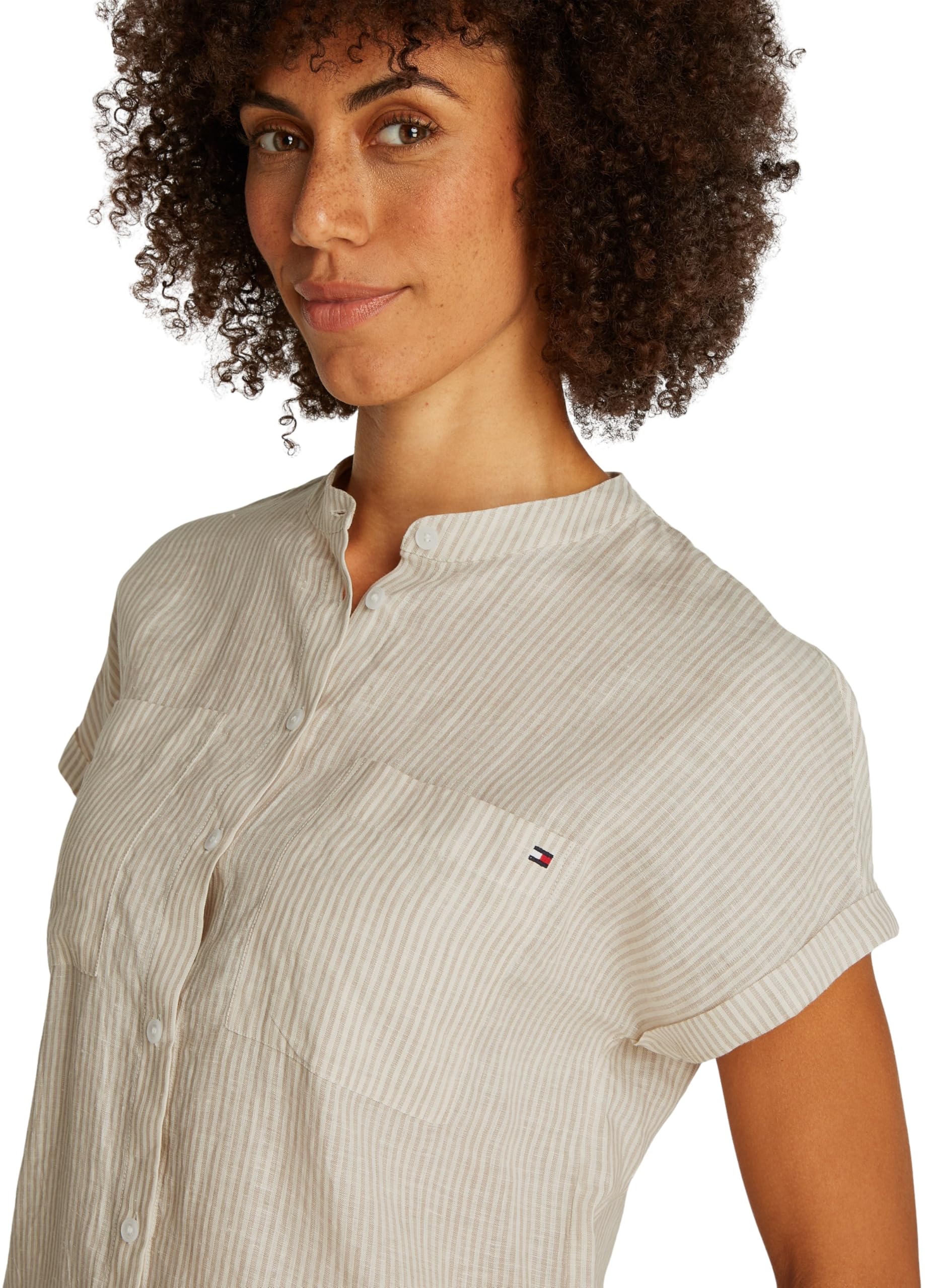 Tommy Hilfiger ESS lniana bluzka bez kołnierza S/S WW0WW44715 Kobiety Ess Linen Collarless S/S Blouse Ww0ww44715