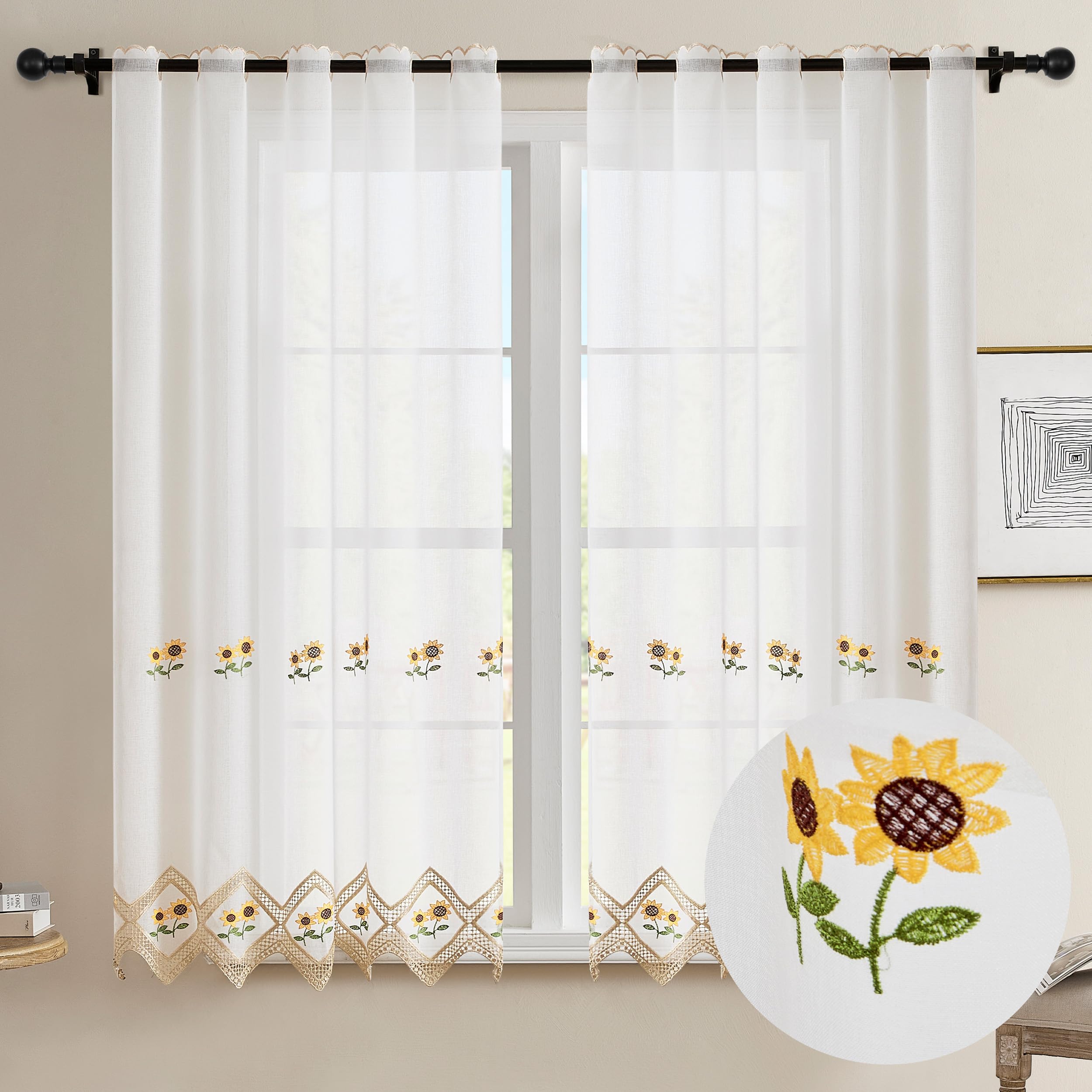 Cortina cocina de visillo transparente con delicados bordados de girasoles DALINA Textil