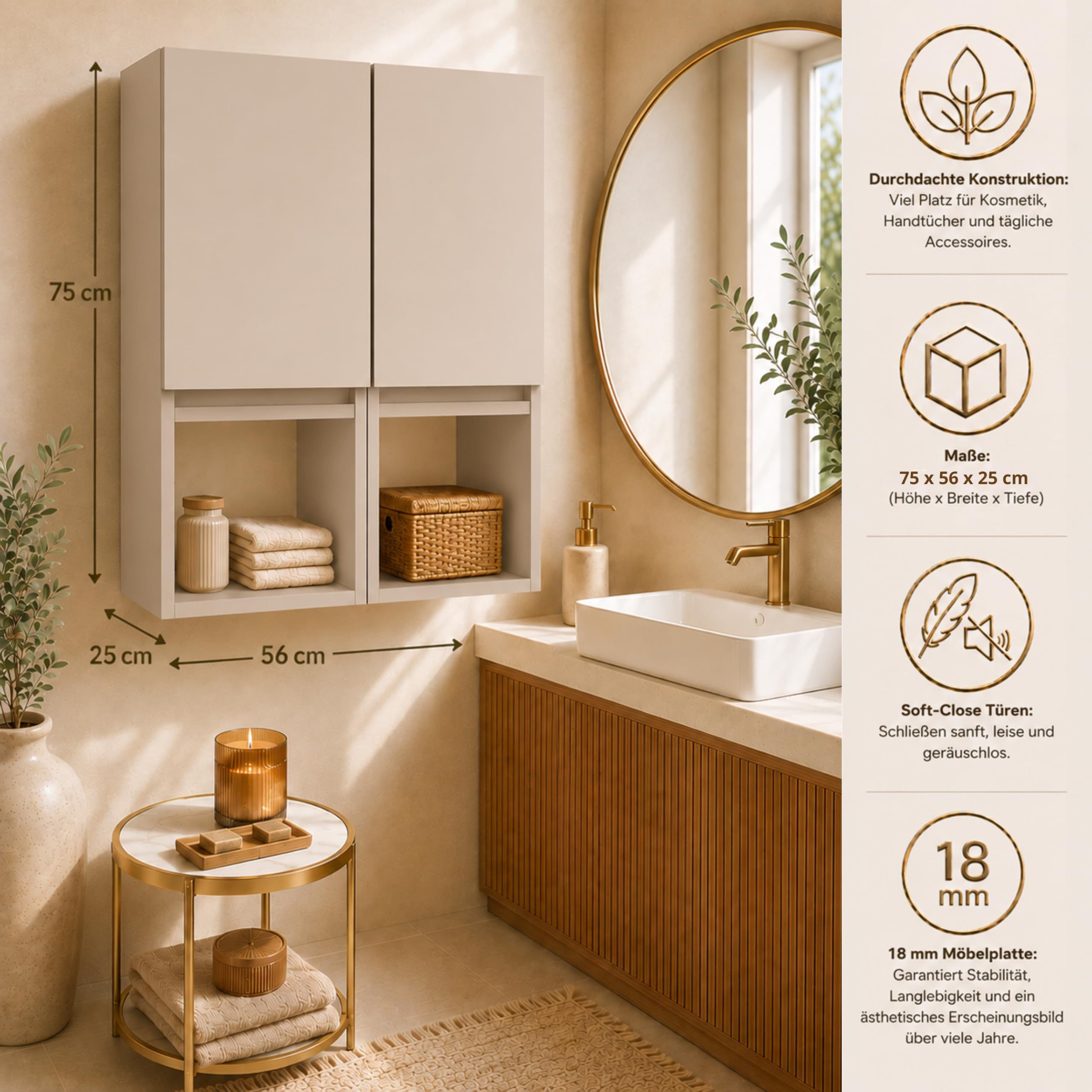 Hängeschrank Badezimmer, 75x56x25 cm, Kaschmirfarbe Matt, 6 Regale, Soft-Close-Türen, Anti-Fingerprint, Wandmontage
