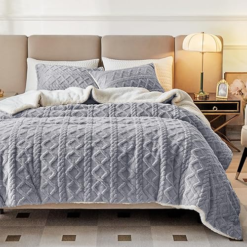 Miniatura 8 de Joyreap Juego de edredón de 3 piezas de sherpa de piel sintética esponjosa, color rosa, juego de edredón de lujo copetudo, para todas las