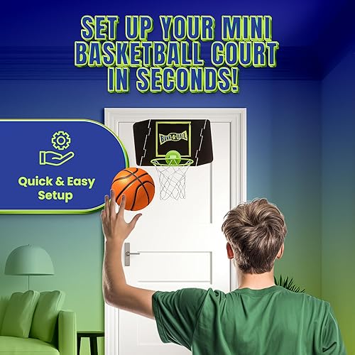 Miniatura 3 de Bank-A-Ball Mini aro de baloncesto para adultos o niños, juego de juego ajustable portátil para interiores con bola, aro sobre la puerta con tablero