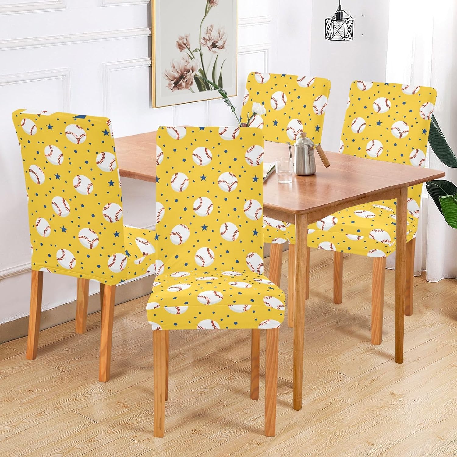 ALAZA Chair Covers for Dining Room, Baseballs Dotsstars Yellow Background Pattern Stretch Chair Cover Sets Chair Protector Removable Washable for Ktichen Restaurant Hotel