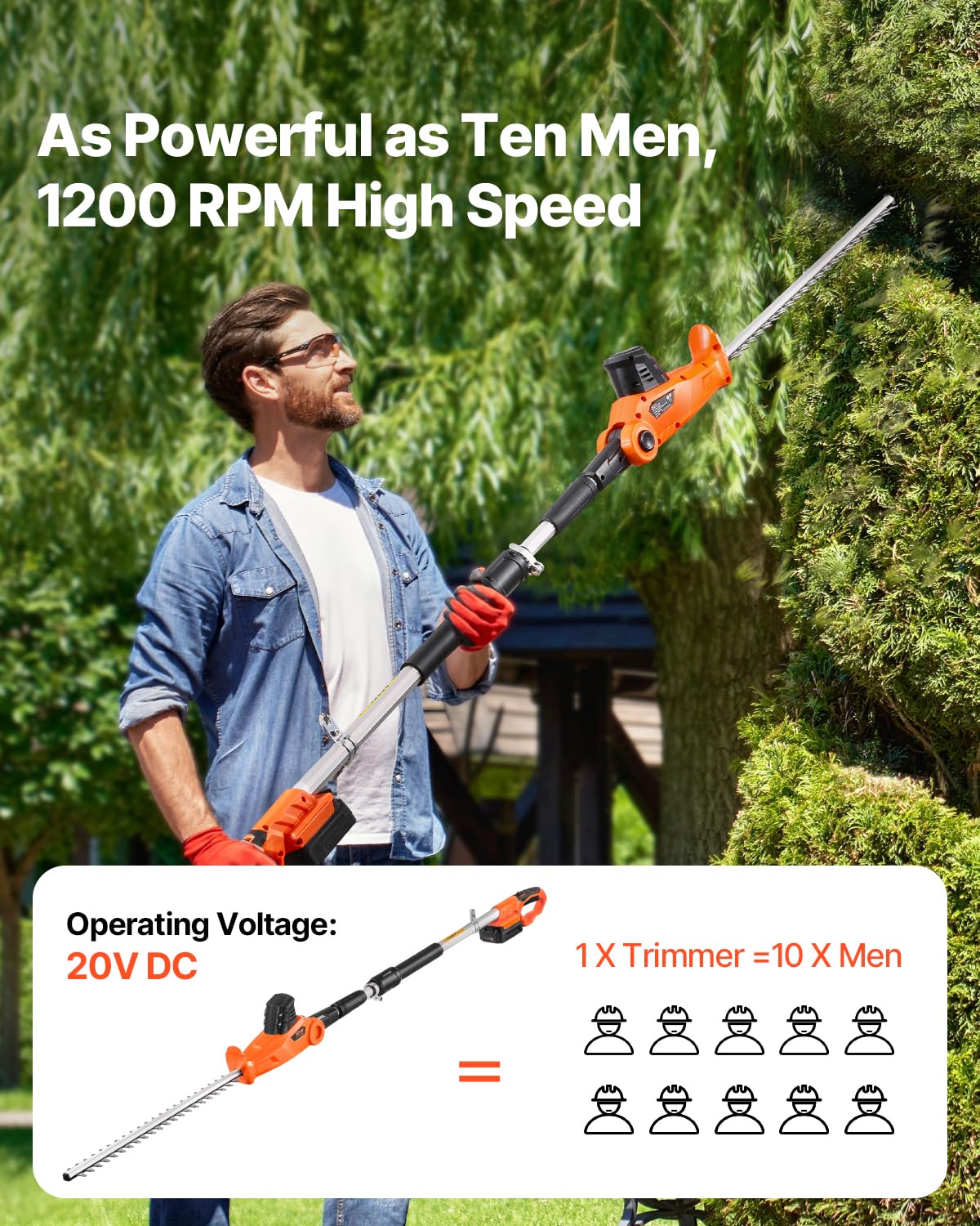 VEVOR Cortasetos Eléctrico, 1200 RPM Cortasetos de Pértiga Inalámbrico con Cuchilla de 510 mm, 5 Ángulos Ajustables, Batería de 20 V, Extensible de 1,9 m-2,4 m, para Ramas Altas para Jardinería