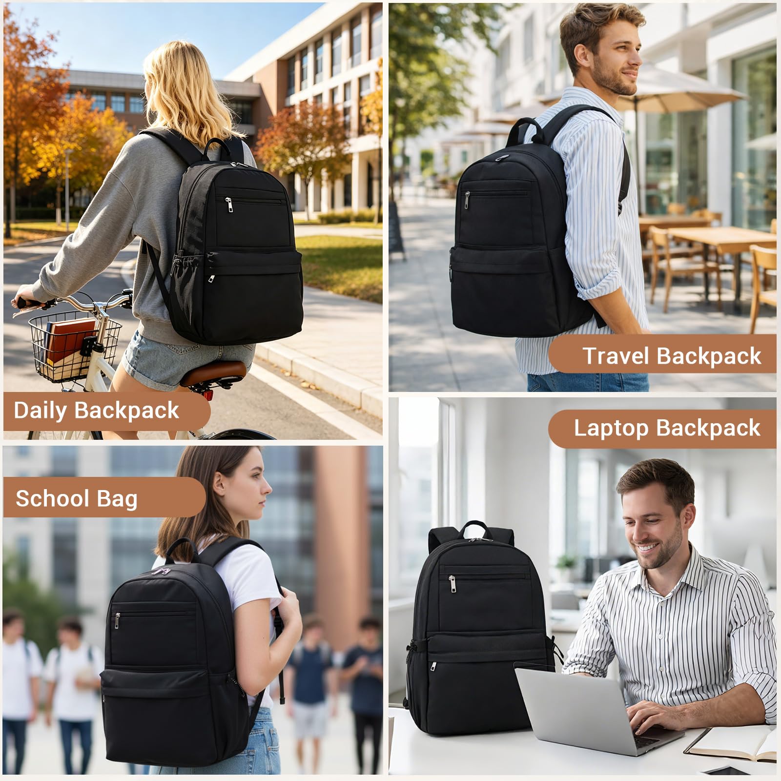 Kono Sac à Dos Scolaire 15,6 Pouces pour Ordinateur Portable, Grande Capacité, Multi-Poches, Imperméable et Léger, pour Lycée, Université, Étudiant, Femme et Homme (Noir)