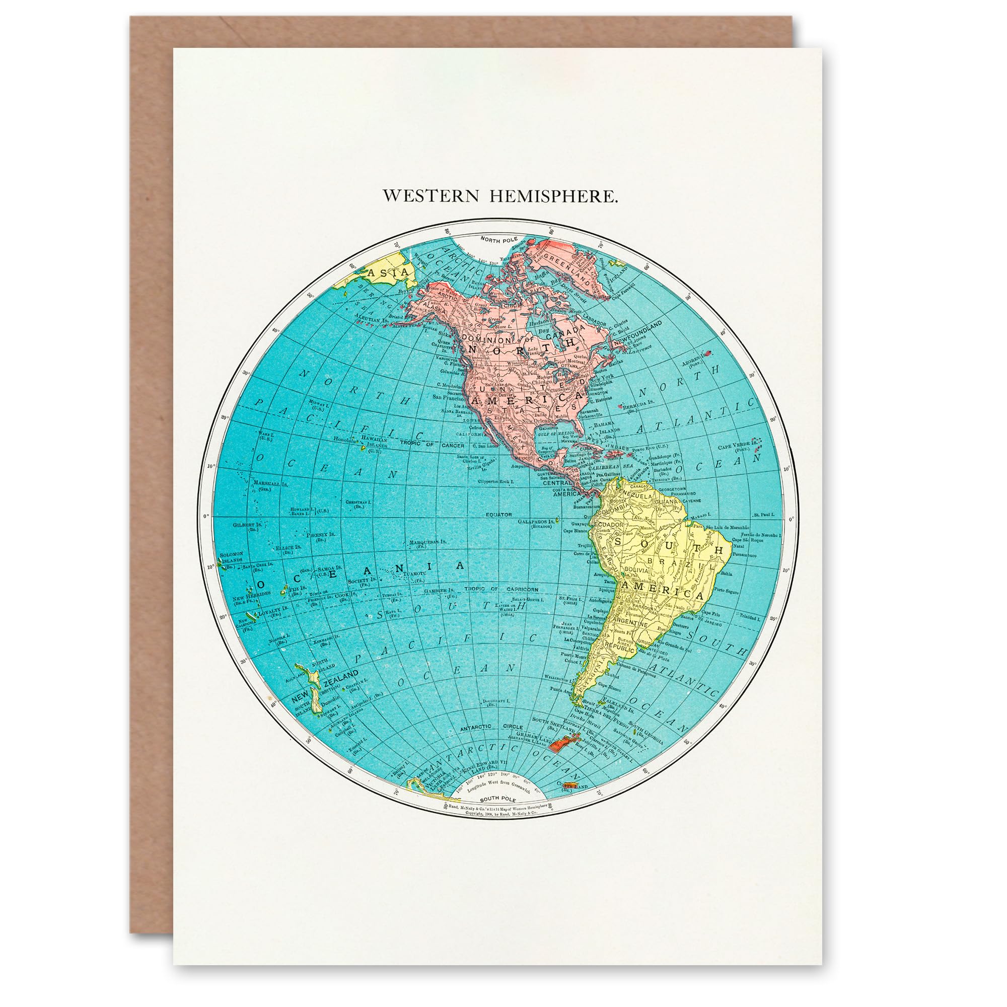 Artery8 Rand McNally and Co Art Card Western Hemisphere 1908 Map Greeting Card