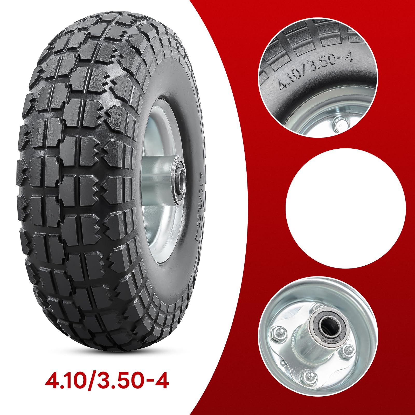 2-PCS 4.10/3.50-4 Reifen Pannensichere 4.10-4 3.50-4 Vollreifen mit 5/8 Zoll Achsbohrung und doppelt abgedichteten Lagern, kompatibel 4.10 3.50-4 Sackkarren, Schubkarren, Rasenmäher reifen| Silber