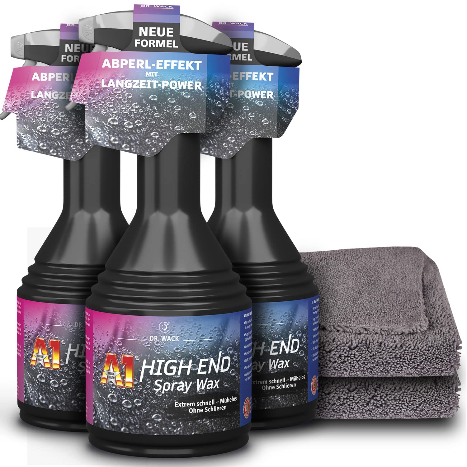 Auto Pflege Set: 3x Dr. Wack A1 HIGH END Spray Wax Lack-Versiegelung, Wachsversiegelung + 2x Premium Mikrofaser 520GSM Poliertuch