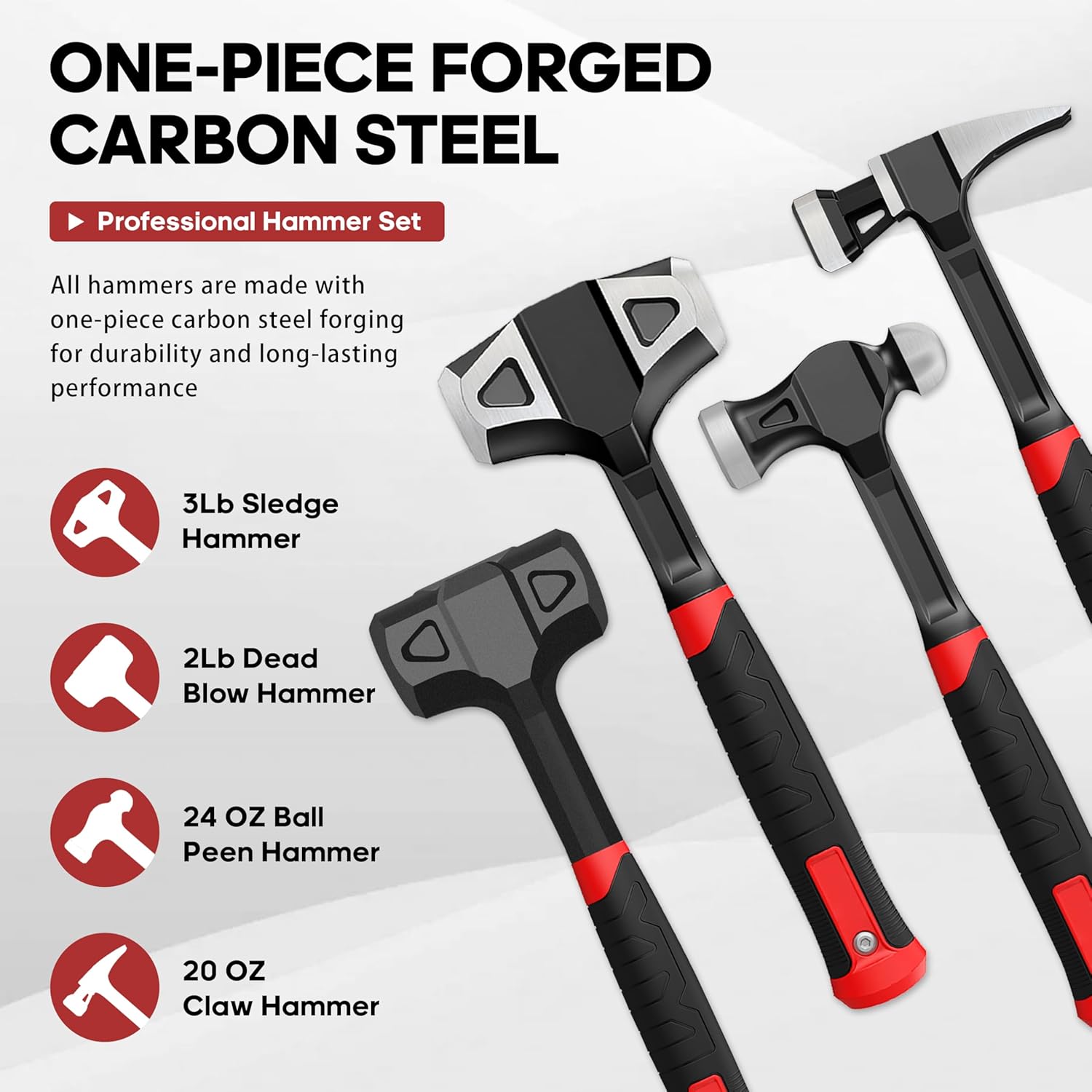 YIYITOOLS 4-Piece Hammer Set - 2LB Dead Blow, 24oz Ball Peen, 20oz Claw, 3LB Sledgehammer - One-Piece Carbon Steel Forging, Ergonomic Anti-Slip Rubber Grips for Garages, Repair Shops, and DIY